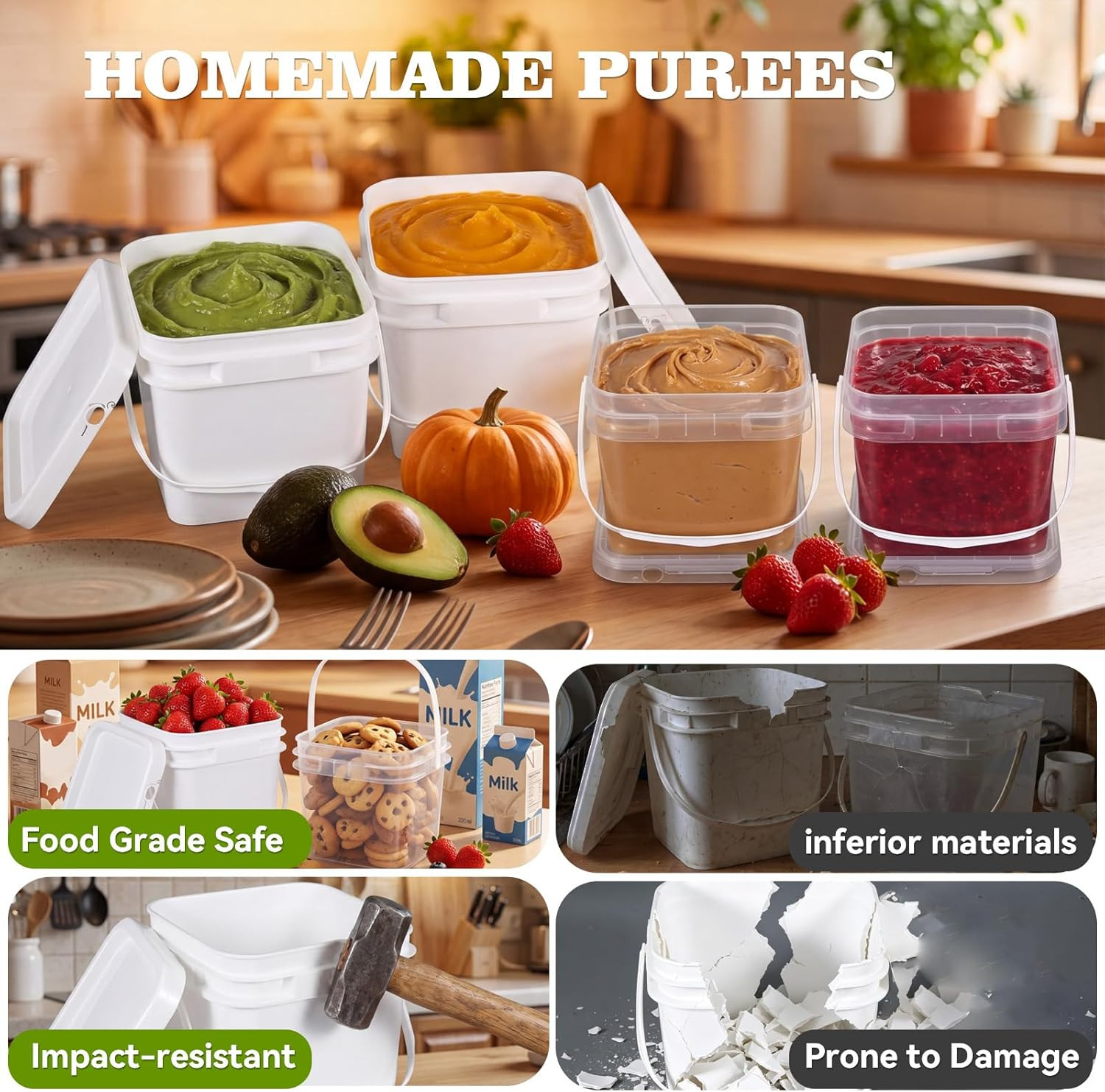 6 Pack Square Plastic Buckets with Lids & Handles, 1L/2L/3L White & Clear Food-G