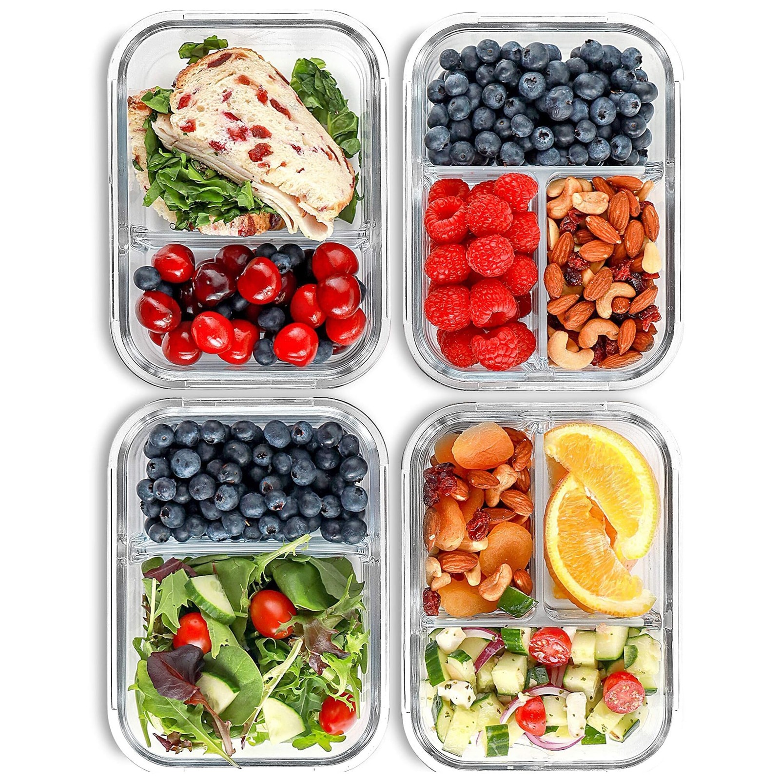 FIT Strong & Healthy Glass Meal Prep Containers, 2 & 3 Compartments Portion …