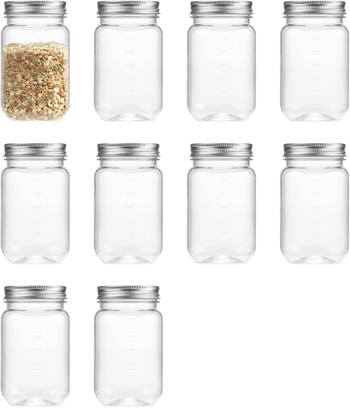 16 oz Plastic Mason Jars 10 Pack Clear Food Storage Containers Lids