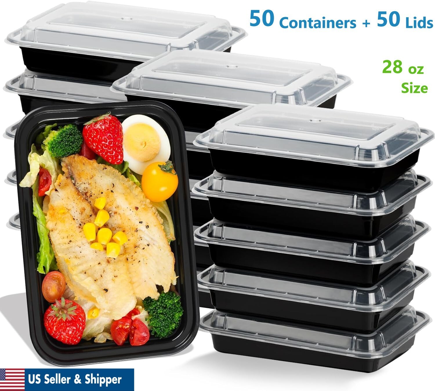 28oz Meal Prep Containers 50 Sets 1 Comp Bento Food Storage Take Out With Lids
