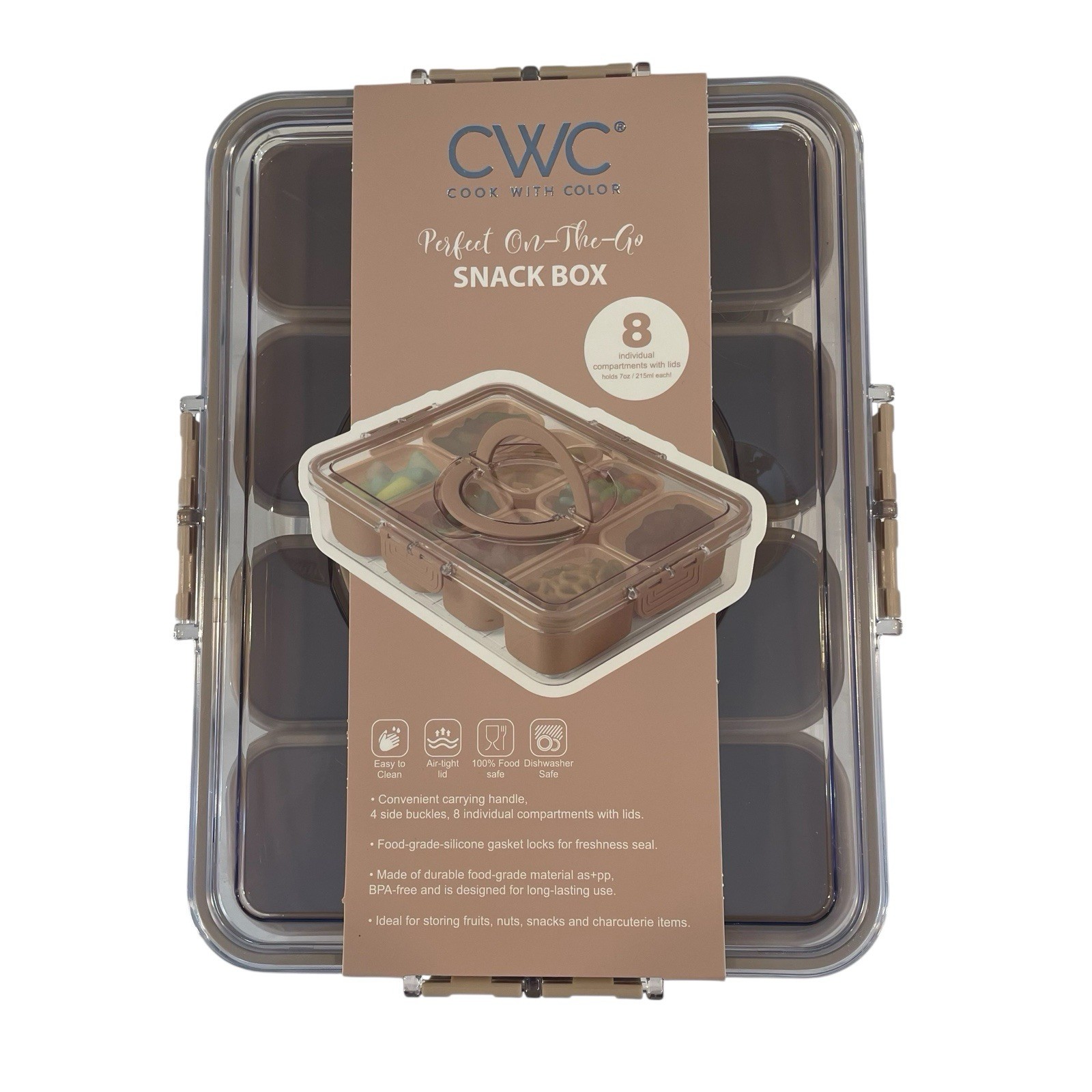 CWC Cook With Color Snack Box Mocha Brand New 8-7oz Compartment W/Lid Handle
