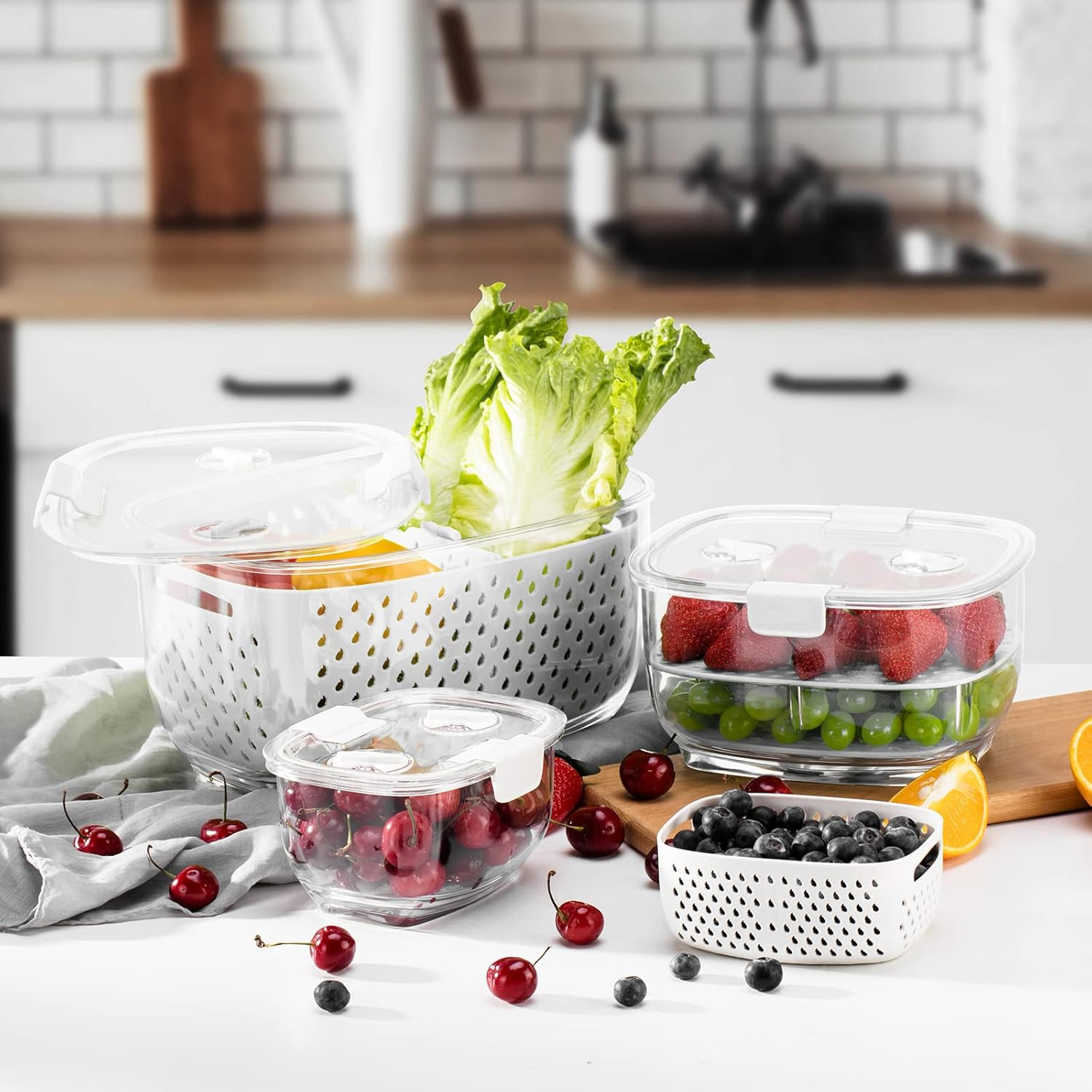 Fresh Produce Vegetable Fruit Storage Containers 3Piece Set, Bpa-Free, Partition