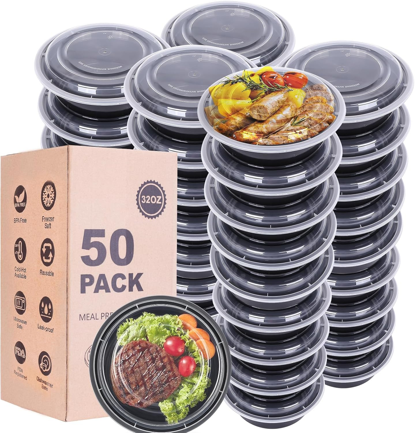Meal Prep Containers with Lids – 50Pack 32OZ Meal Bowls, round to Go Containers,
