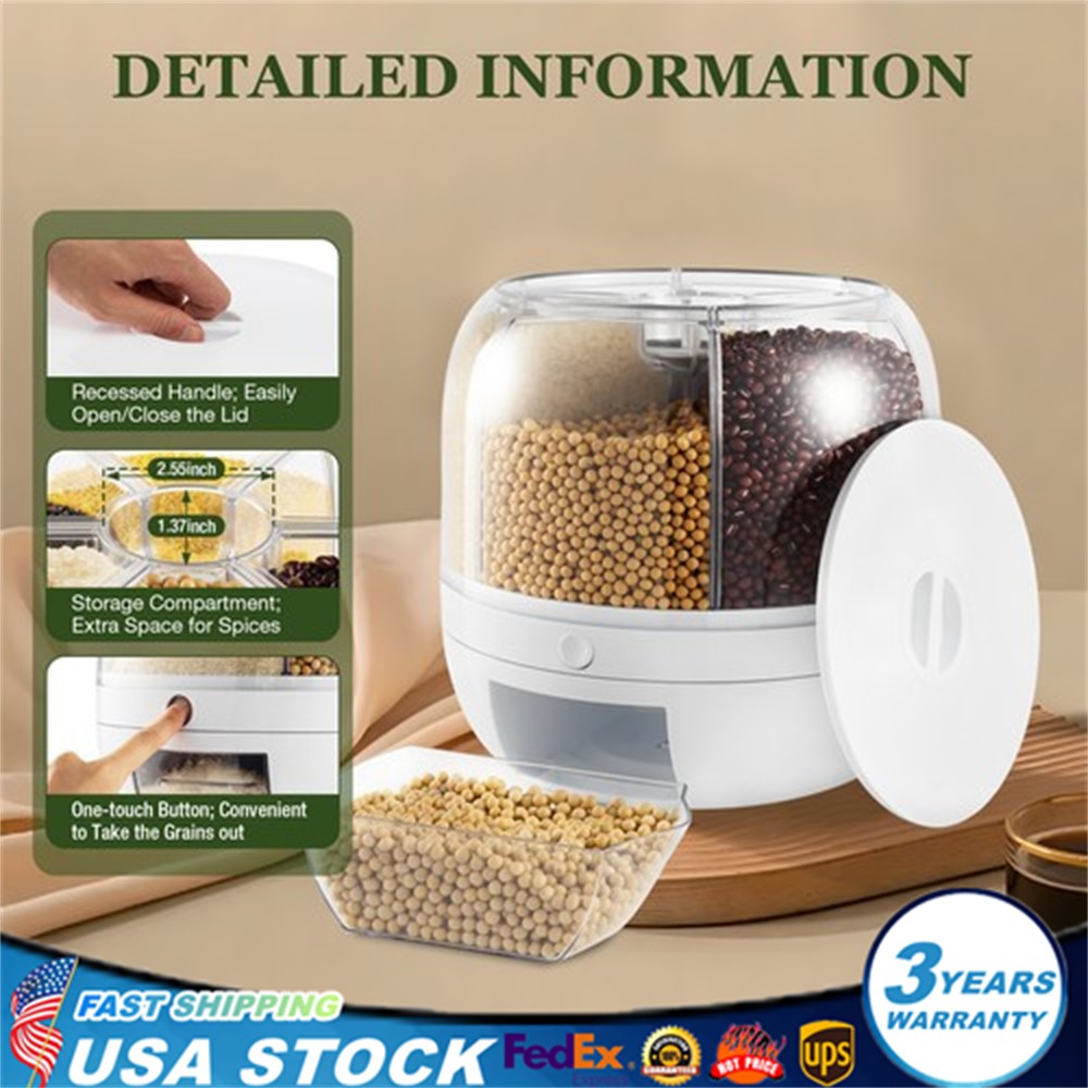 Rice Dispenser Dry Grain Food Storage Container Tank 6-Grid Rotating for Kitchen