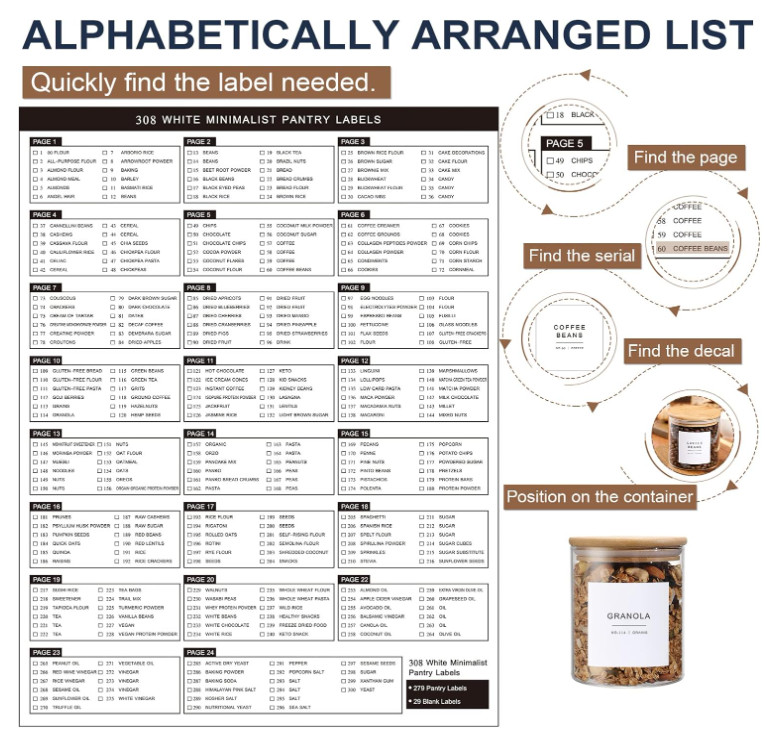 308 Kitchen Pantry Labels for Food Containers, 3 Sizes White Minimalist Labels f