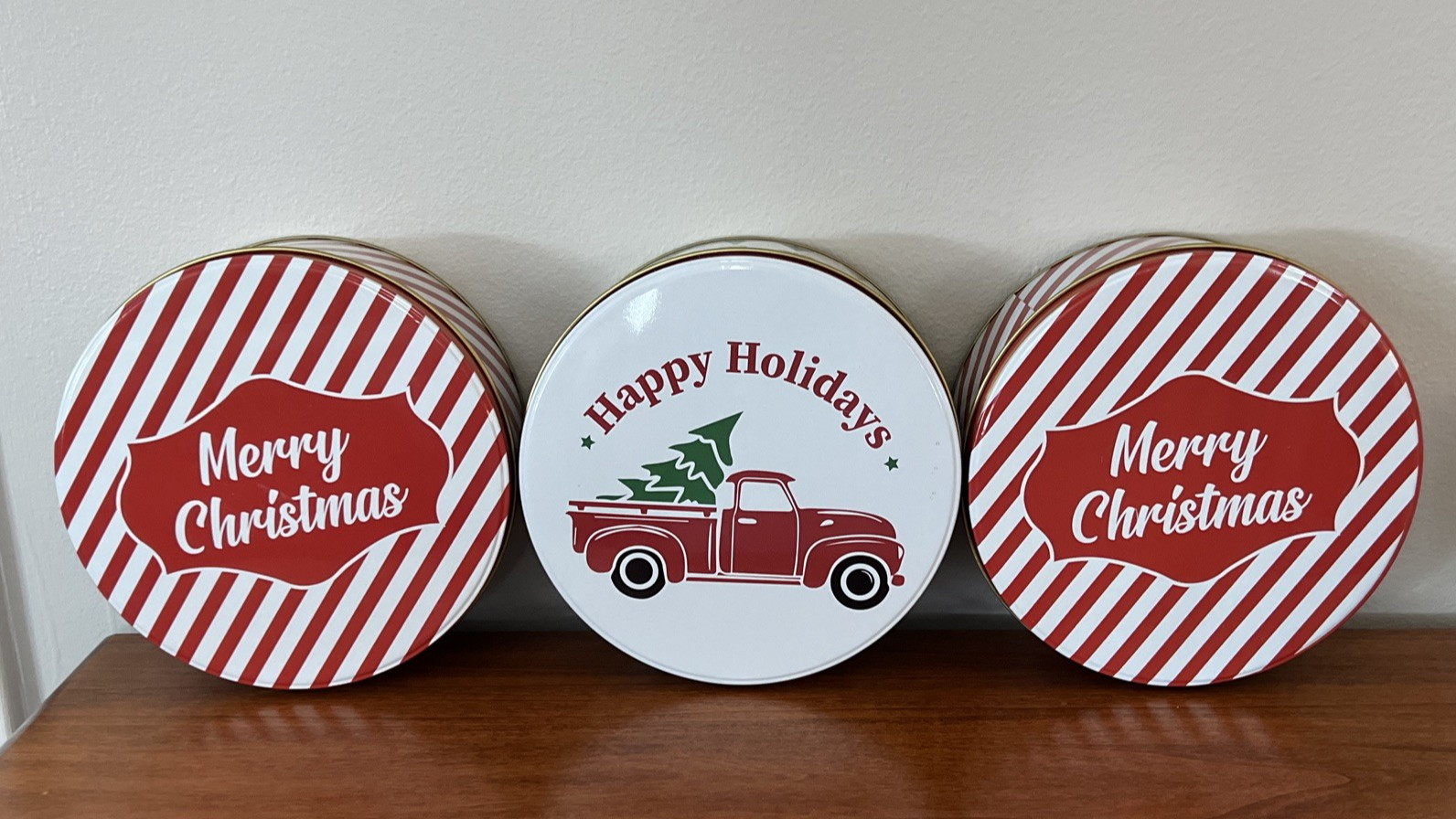 Holiday Christmas Tin Containers Set of 3 Merry Christmas Happy Holidays NEW