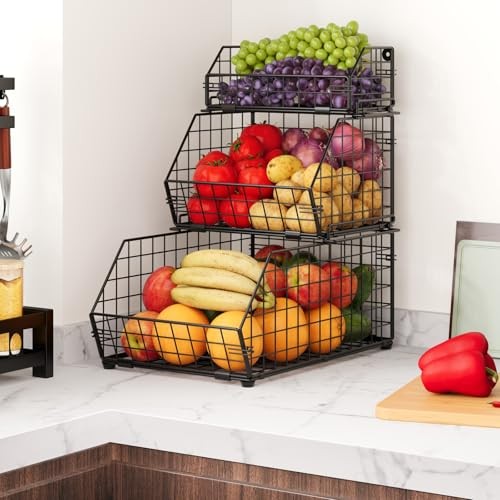 3-Tier Fruit Basket for Kitchen Counter, Stackable Wire Baskets Wall, Potato and