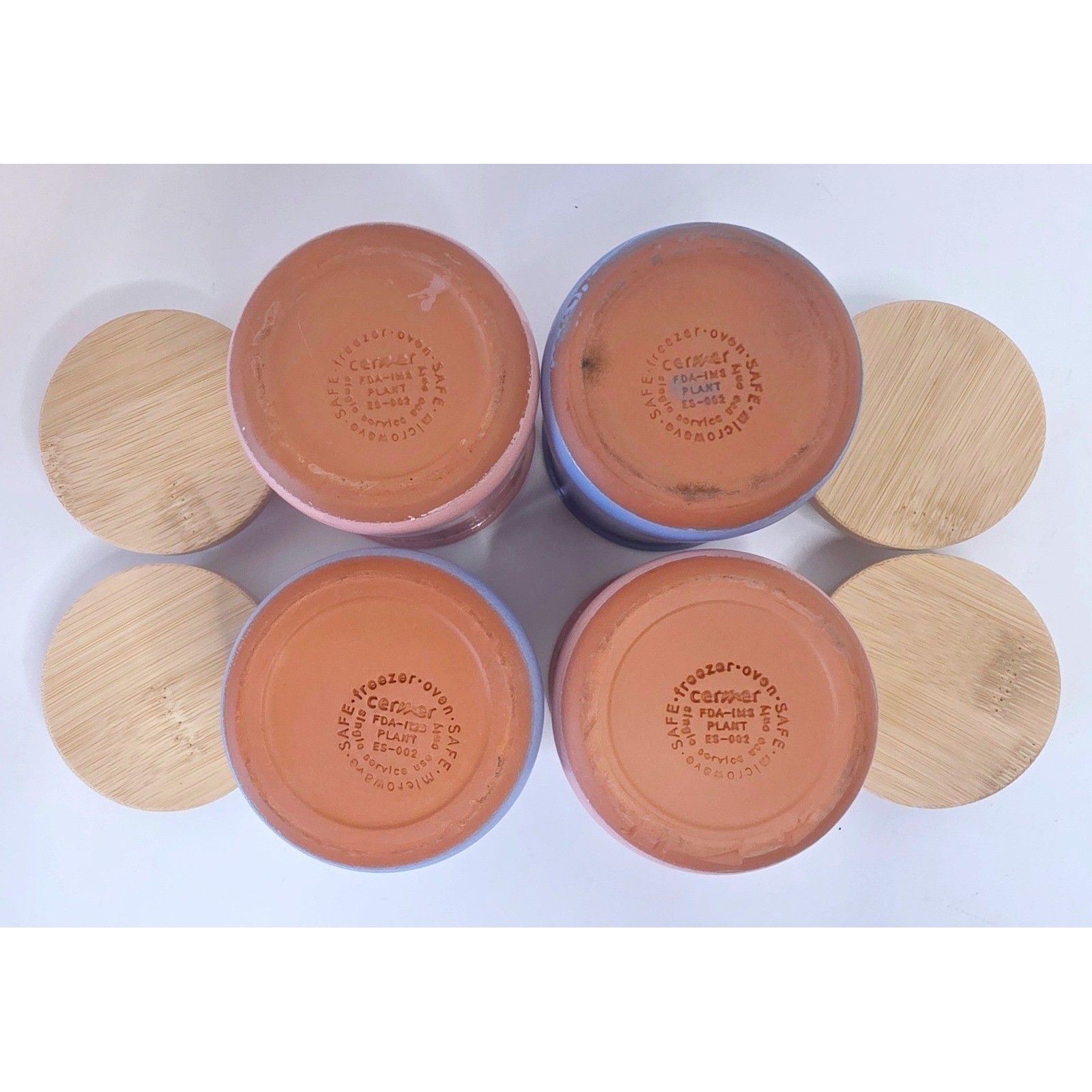 La Fermiere Terracotta Yogurt Jars Set of 4 Pink Blue Ceramic Pots Bamboo Lids