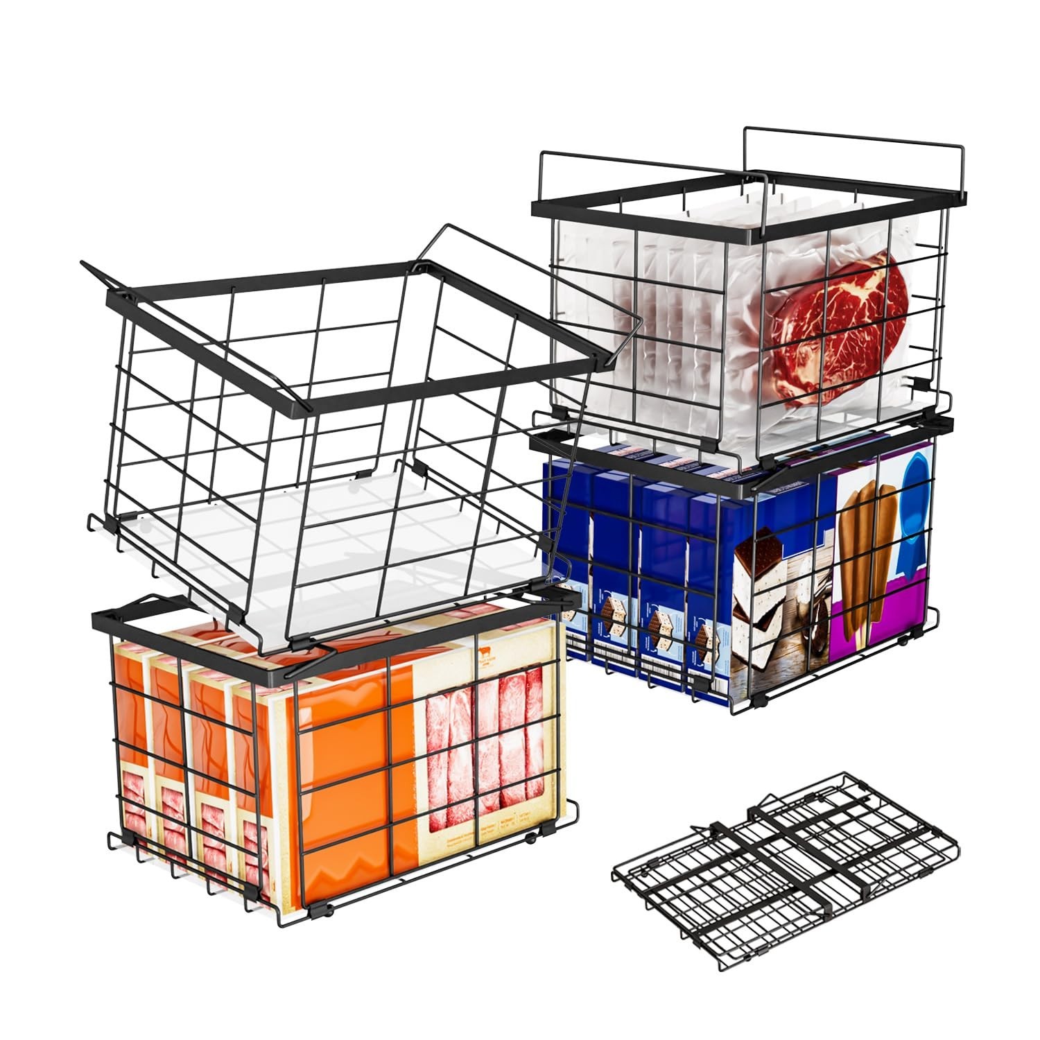 Stackable Freezer Organizer Bins – Expandable Collapsible 4 Pack, Black Wire Bas
