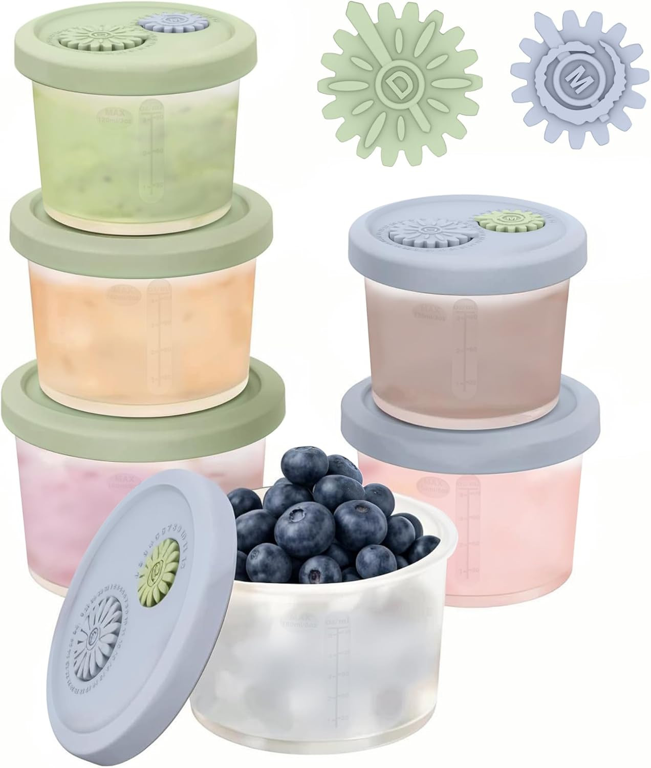 Silicone Baby Food Containers with Date-Tracking Lids, 6-Pack Reusable Snack Con