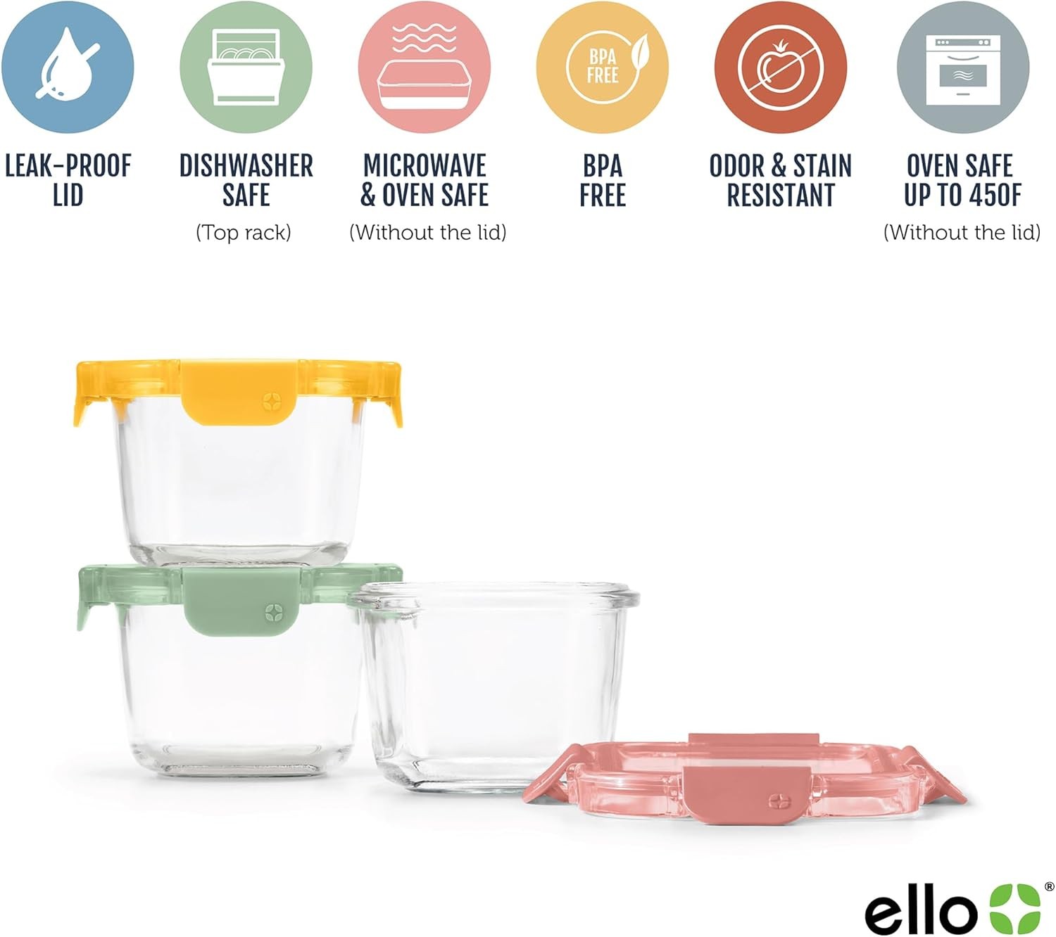 Ello Color Lock 2 Cup 6PC, 3 Pack Glass Meal Prep 3 x 2 cups, Desert Festival