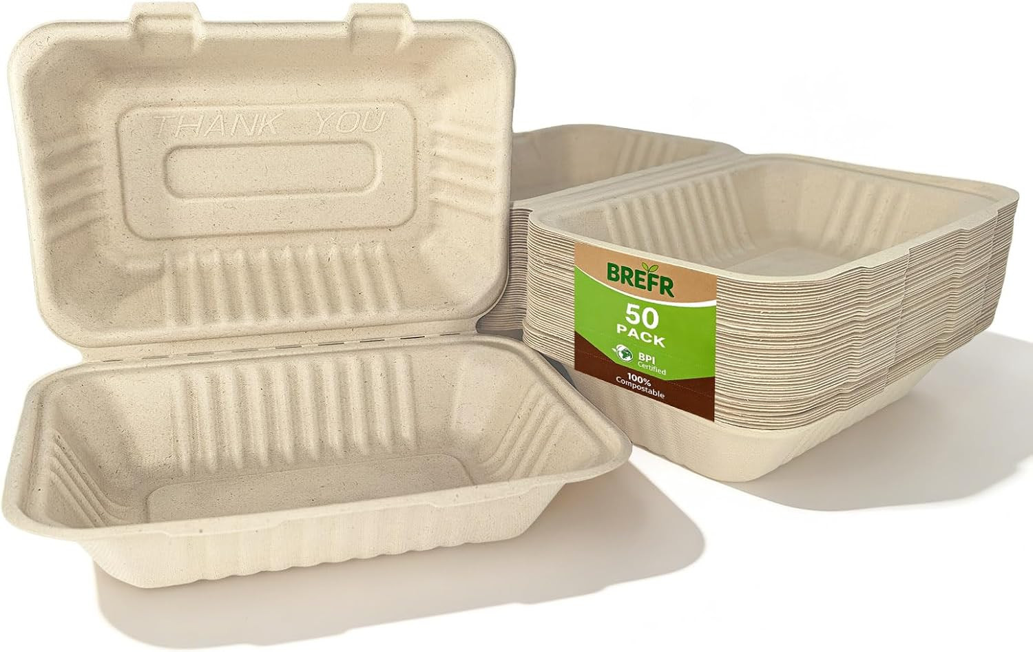 50 Pack 9X6 Inch Compostable Clamshell Containers, Biodegradable to Go Boxes – H
