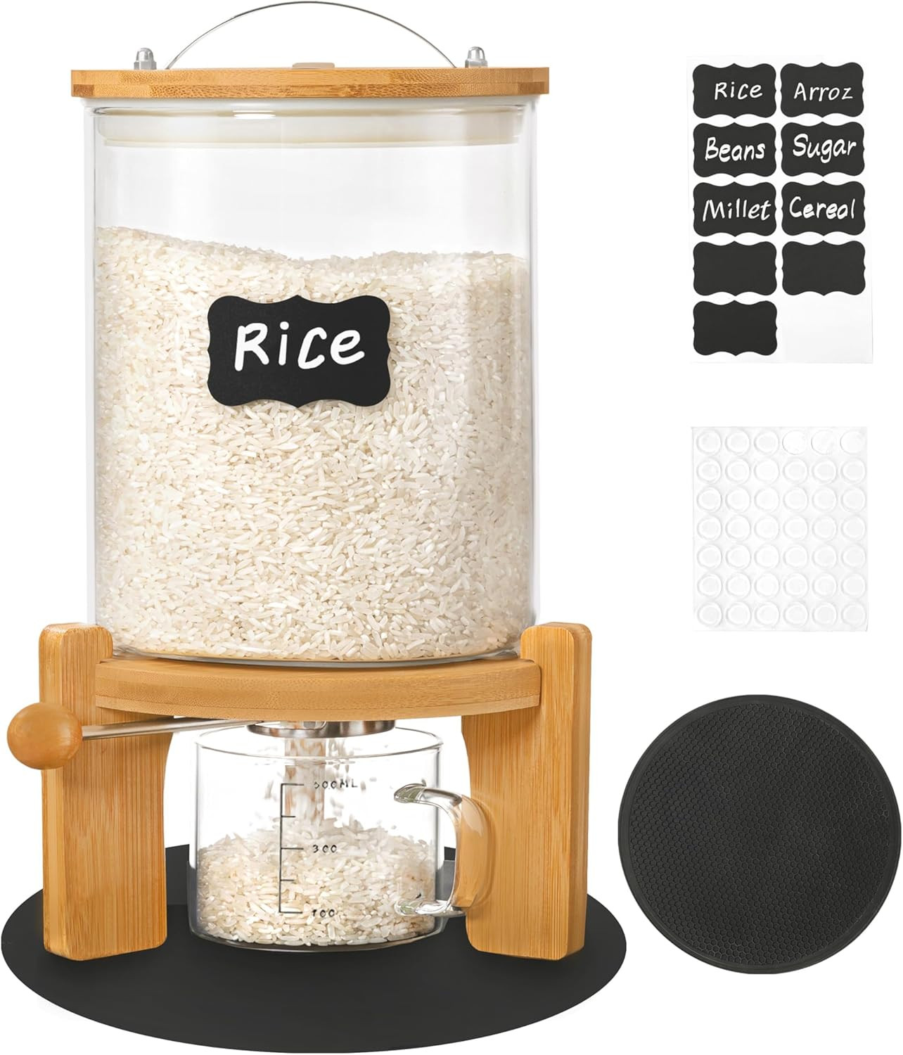 5-7 Lbs Glass Rice Dispenser with Wooden Stand Flour and Cereal Container with G
