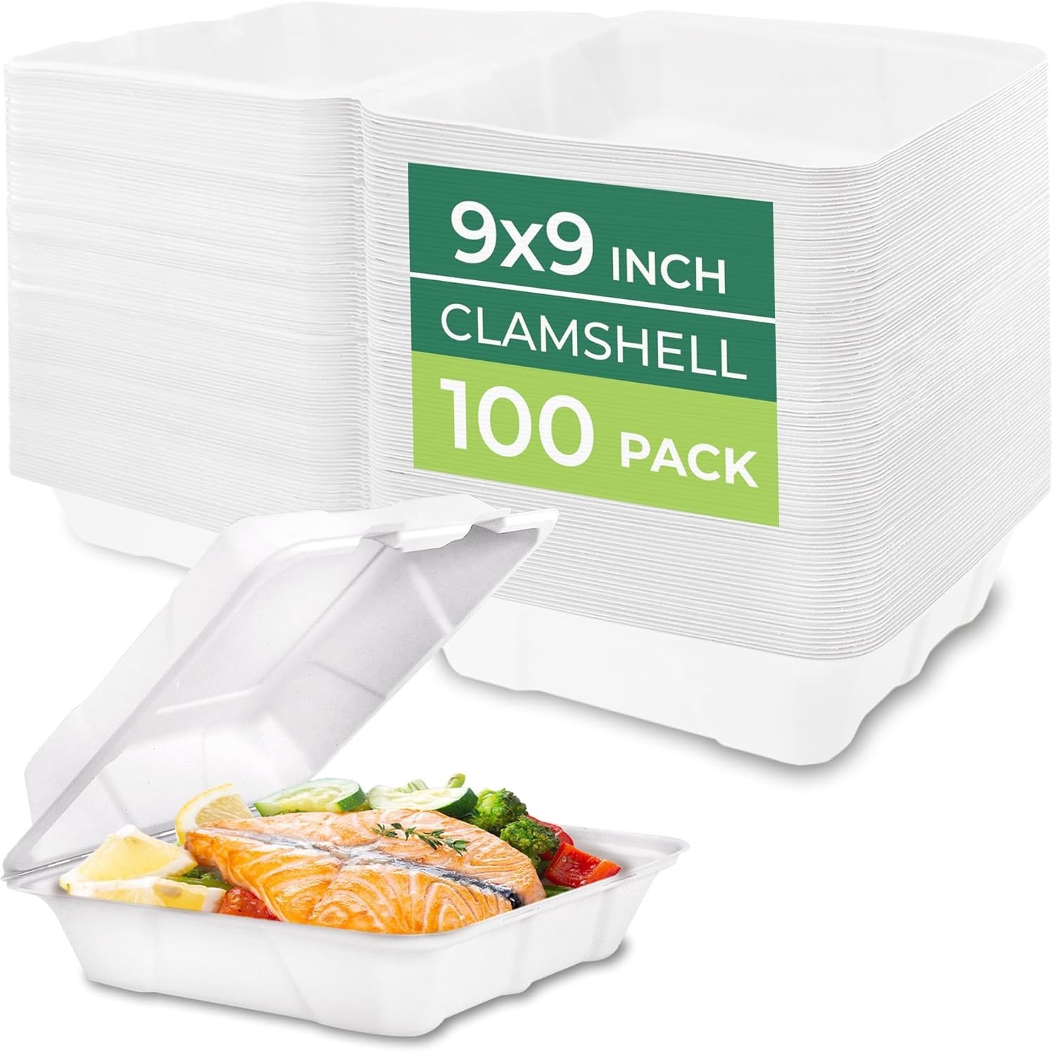 Clamshell Food Containers with Lids [9×9″ 100-Pack] Disposable To Go Containe…