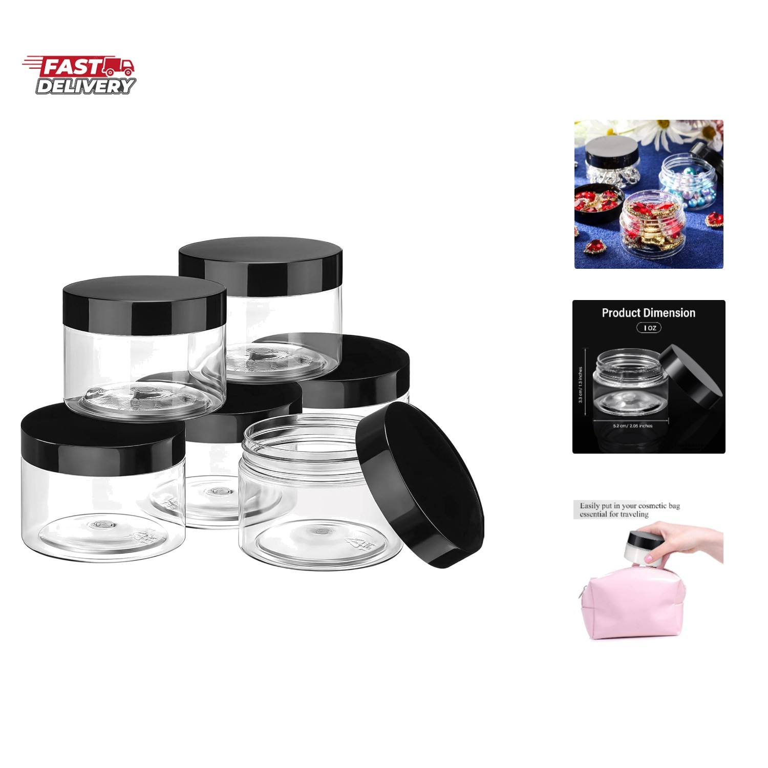 6 Pack 1 oz Plastic Jars Containers with Lids Wide Mouth Refillable Leakproof…