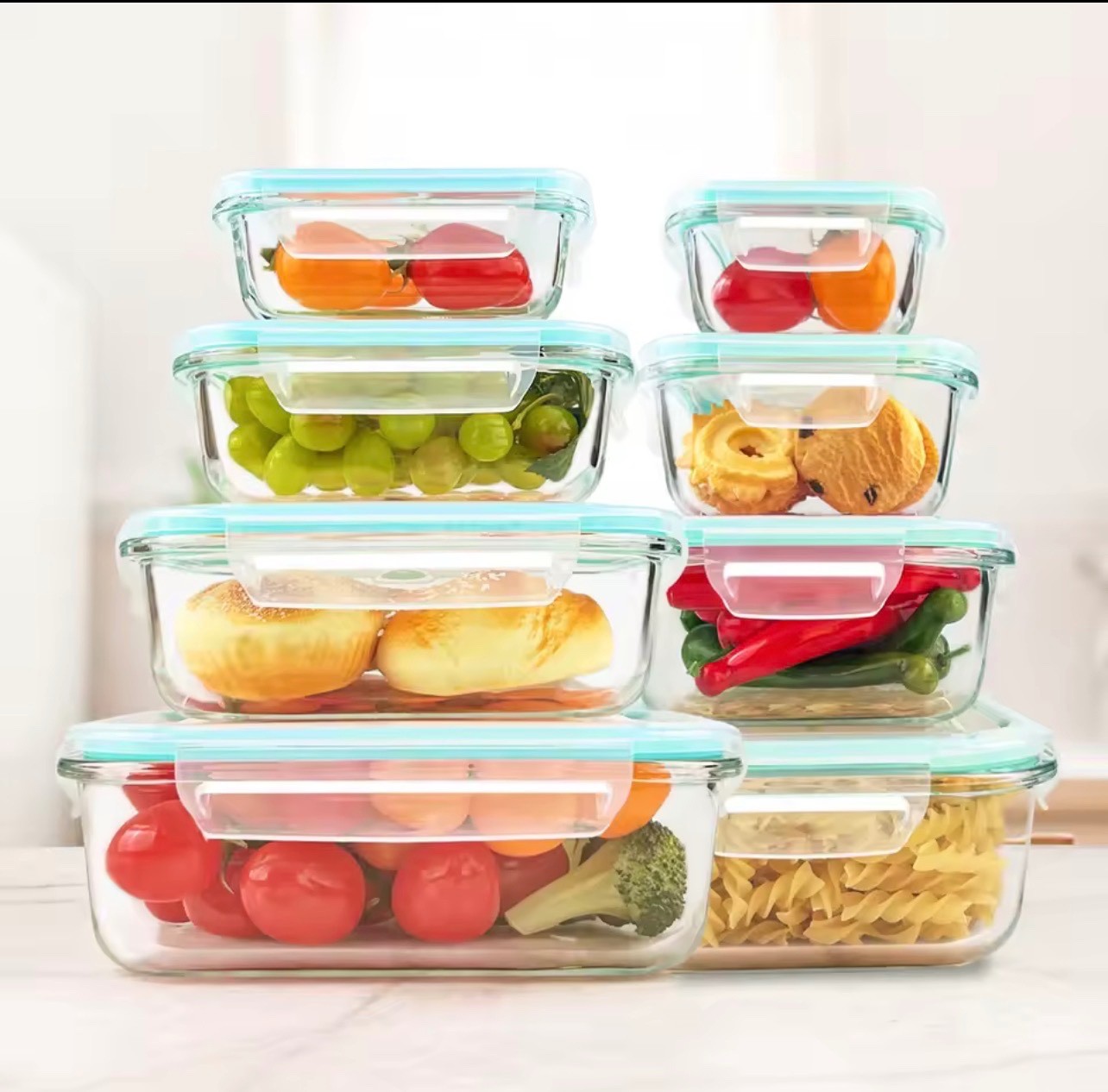 Glass Food Storage Containers 4-Pack with Lids, Airtight Leakproof for Lunch, Me