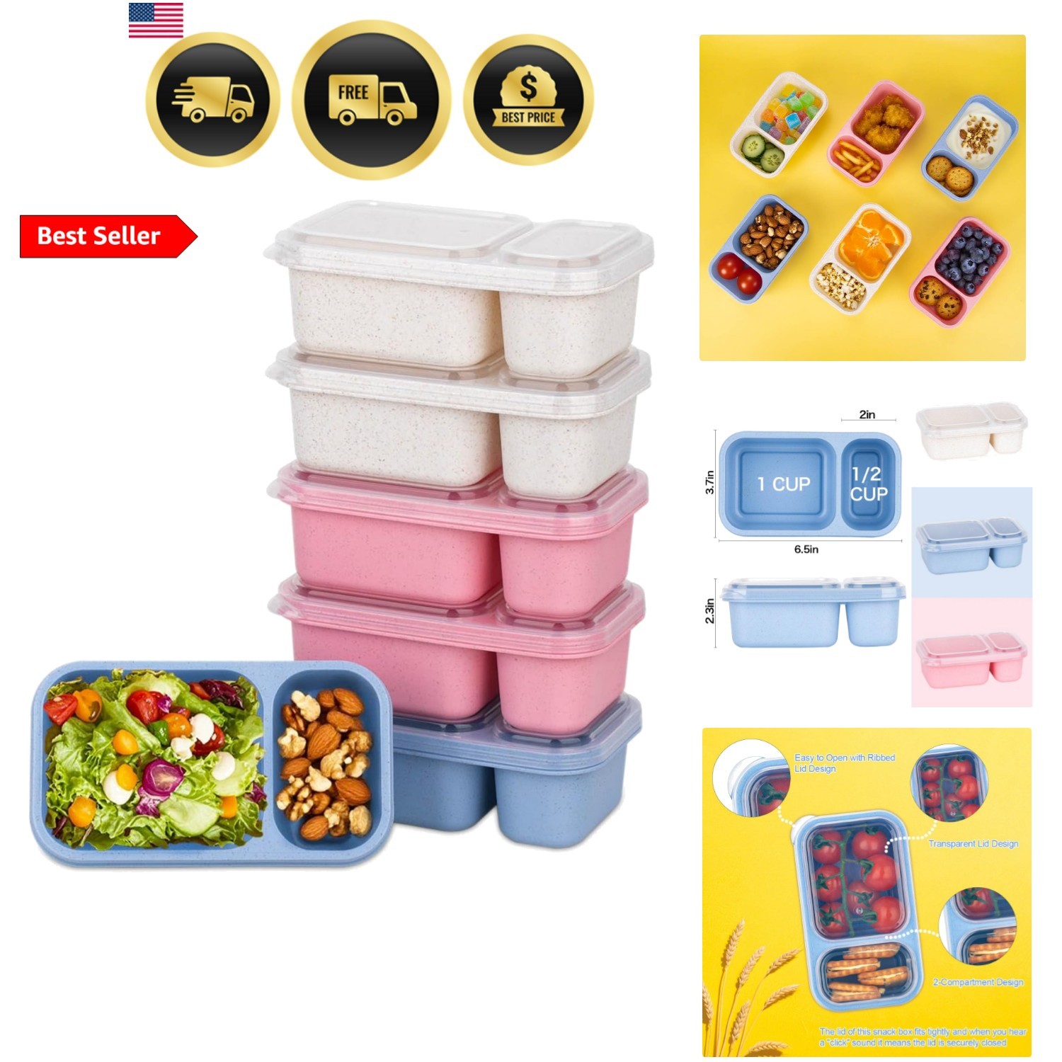 6Pack 2-Compartment Reusable Snack Containers with Lids, Wheat Straw Reusable…