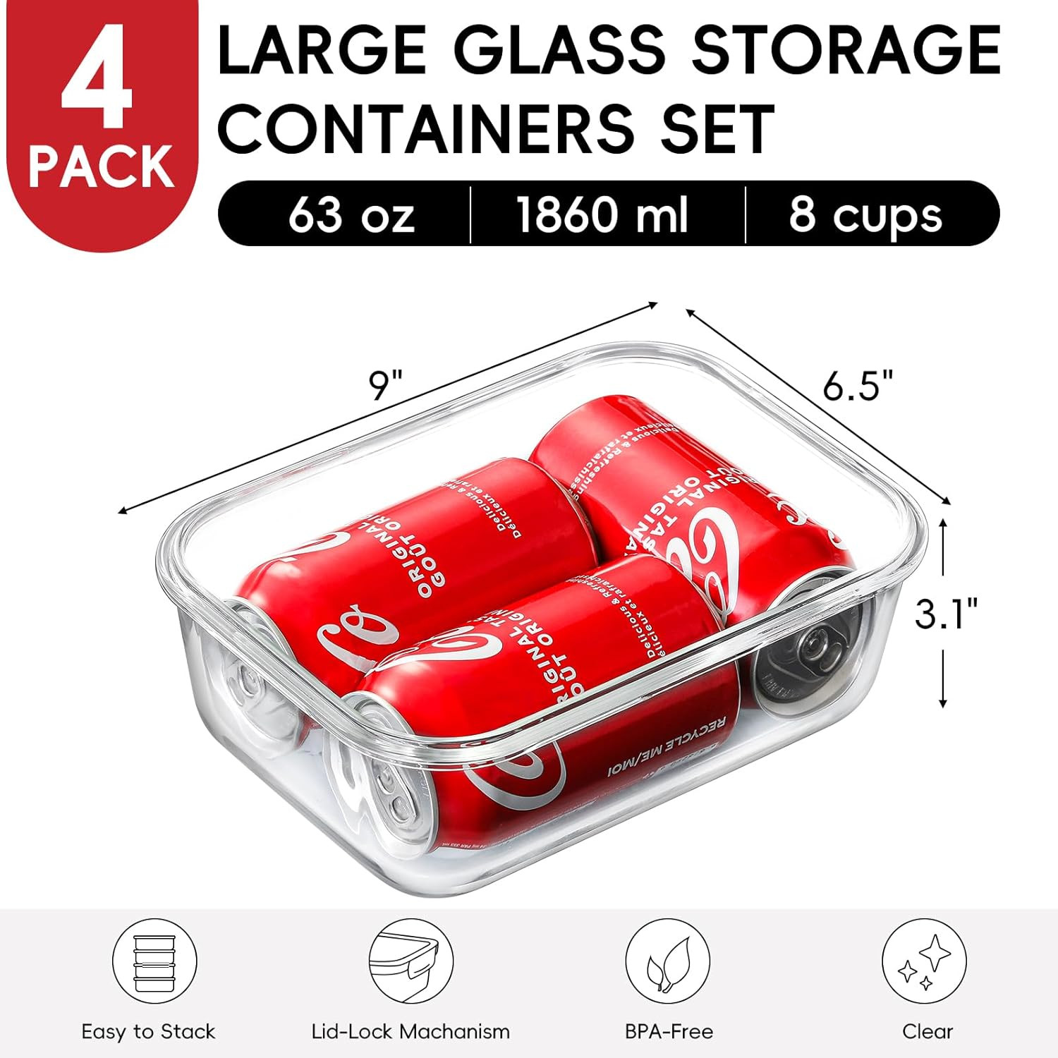 Large 8-Cup Glass Storage Containers with Lids – 4 Pack, Leak Proof & Oven Safe
