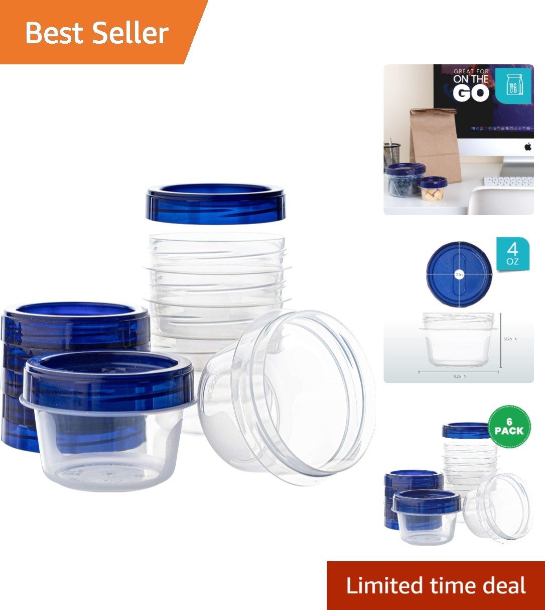 6 Pack Clear Deli Containers with Blue Twist Lids 4 Ounce Food Storage