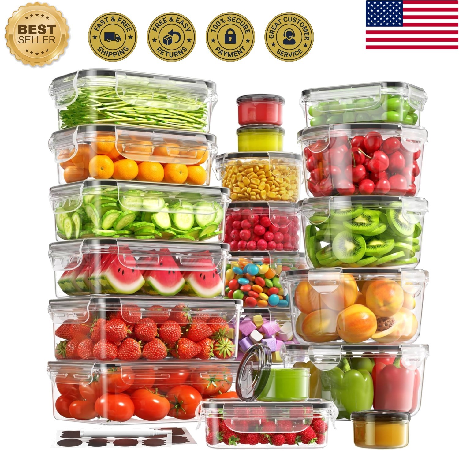 Durable 40-Count BPA-Free Food Storage Containers – Stackable Meal Prep Solution