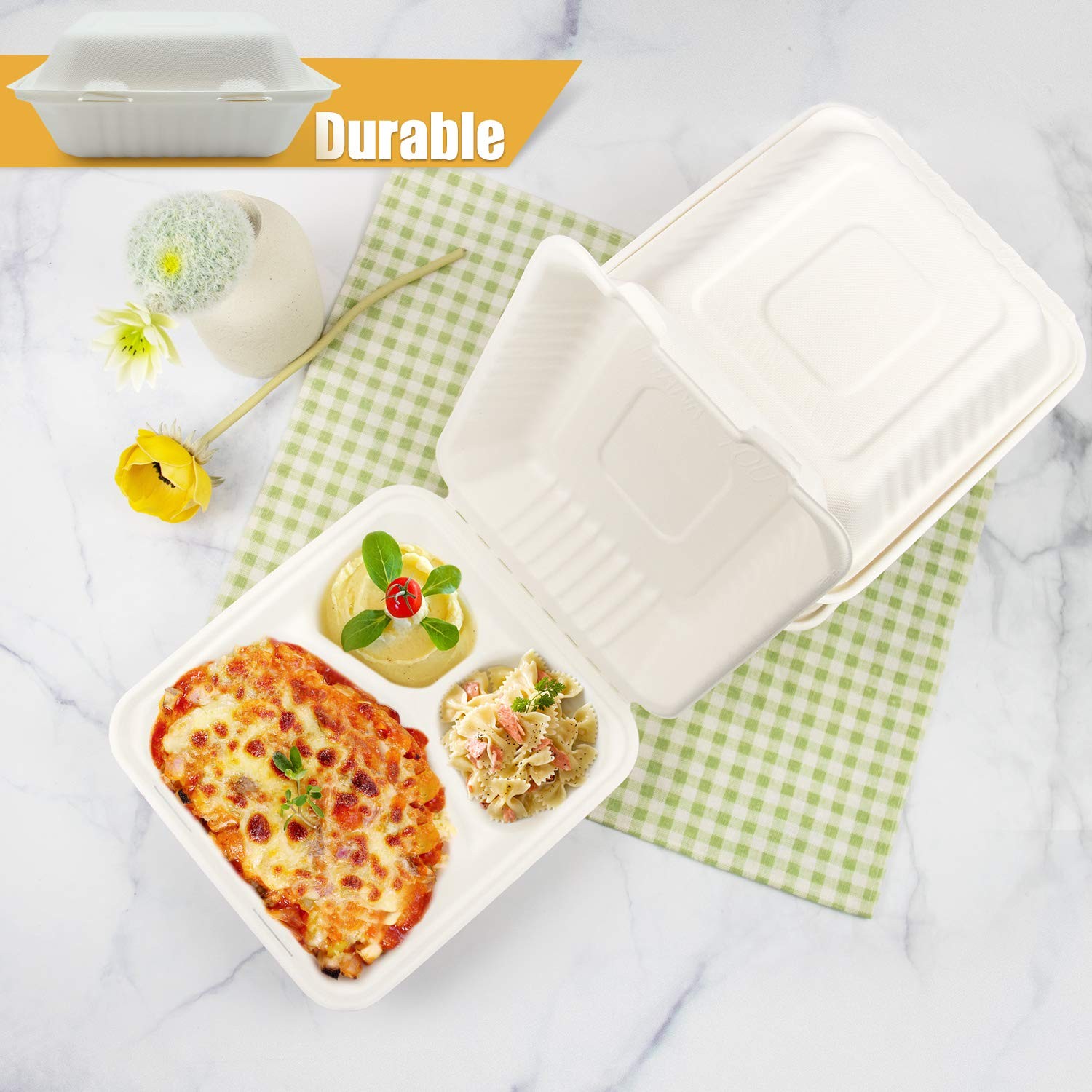 200 Count 8 Inch 3-Compartment Compostable Bagasse Clamshell To Go Food Boxes