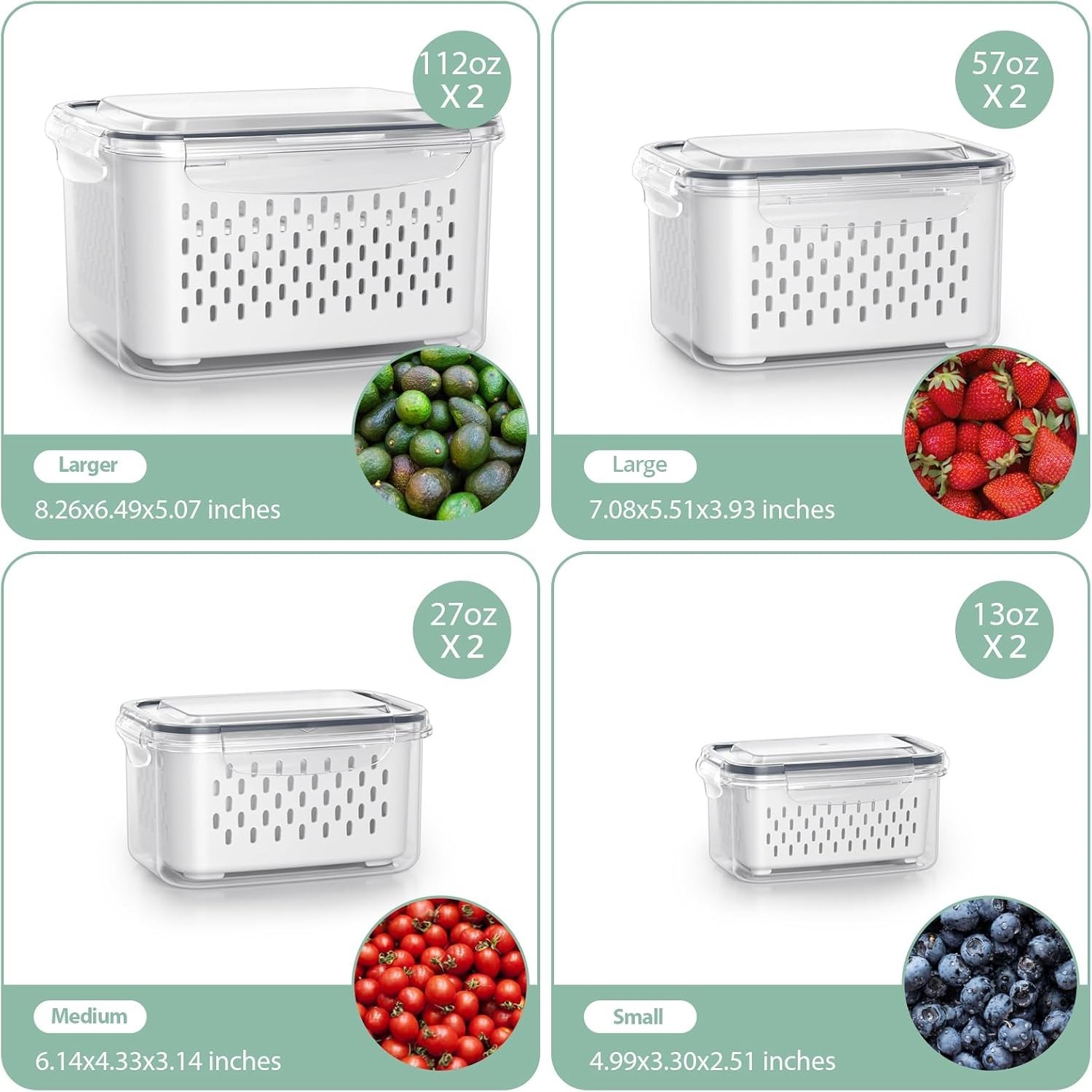 Fruit Storage Containers for Fridge with Removable Colander, 8 Pack Fruit Con…