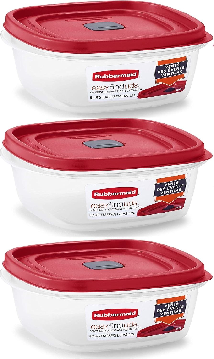 Easy Find Lid Square 5-Cup Food Storage Container (Pack of 3), Red (Vented)