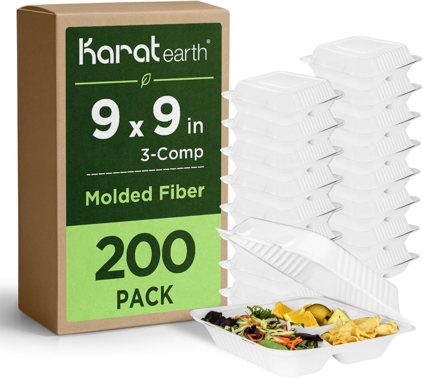 KARAT EARTH Clamshell Take Out Food Containers [9″X9″, 200 Ct ] 3 Compartments |