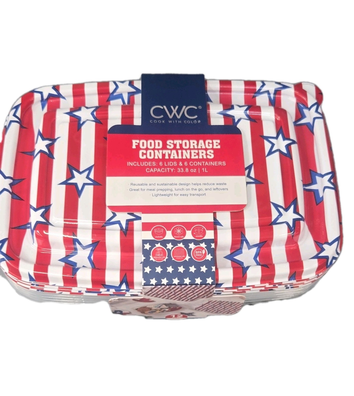 CWC Cook With Color 6 Food Storage Containers Stars & Stripes Red White Blue