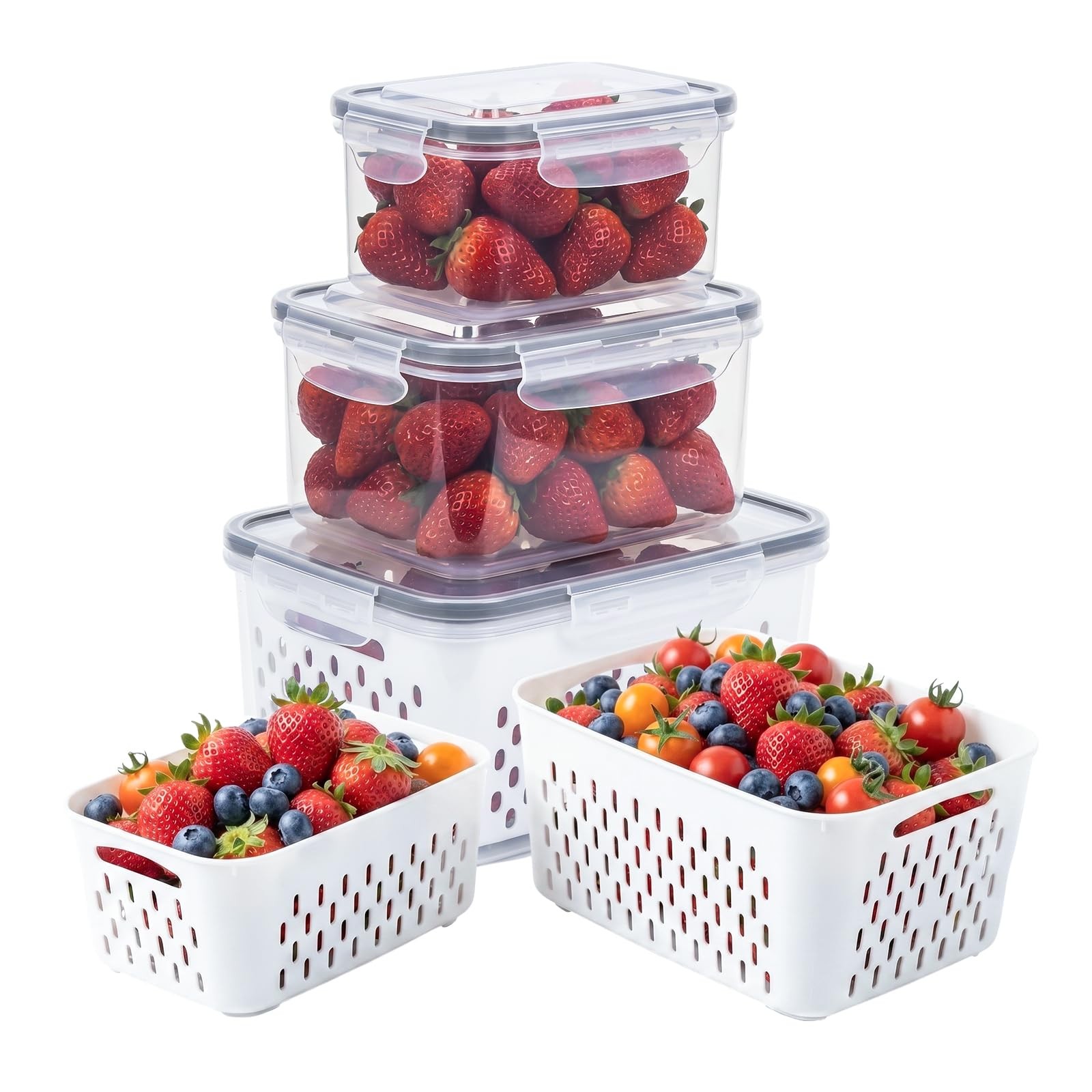 Fruit Storage Containers for Fridge with Removable Colander, 3-Pack Strawberr…
