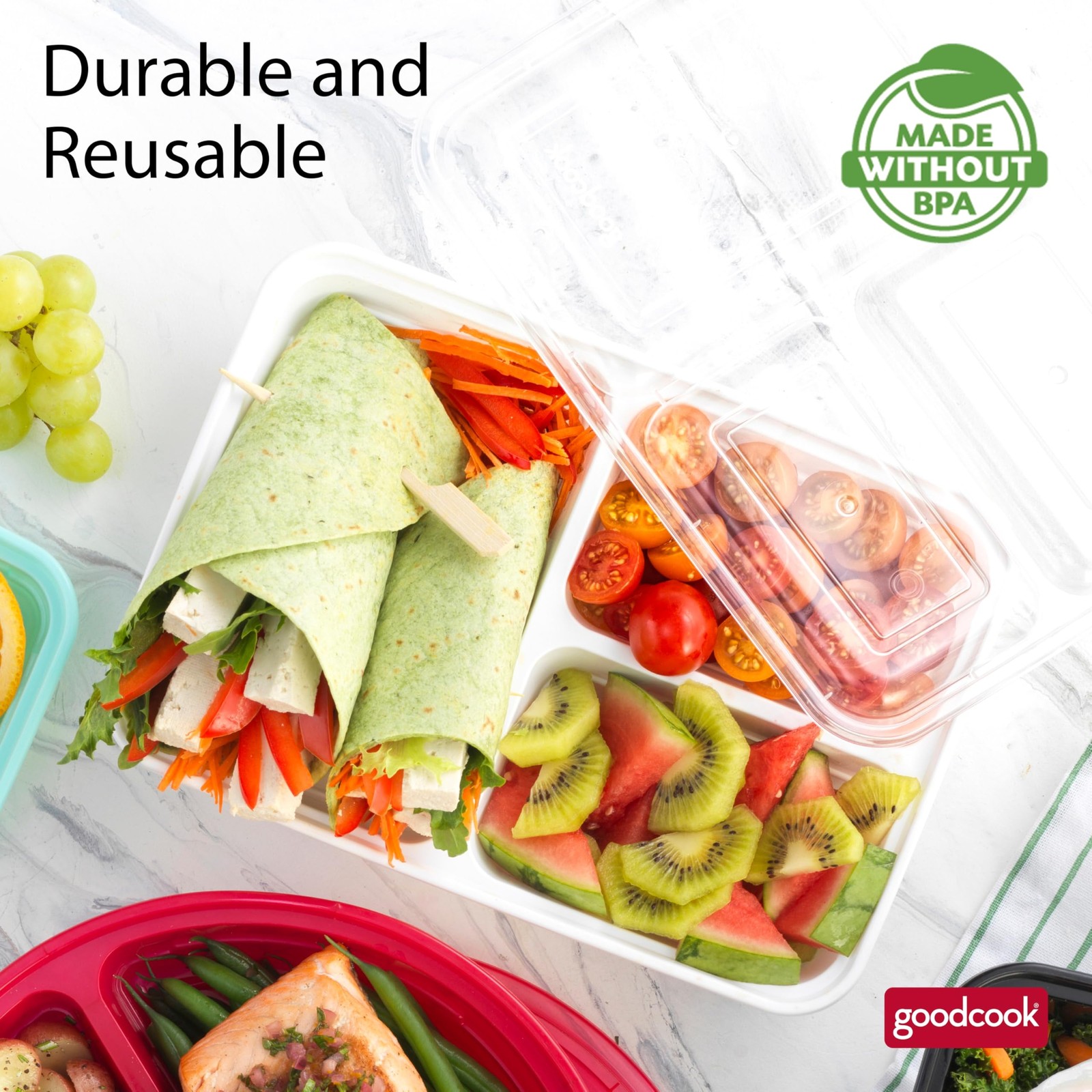 GoodCook Food Storage Containers for Meal Prep Rectangle Three 10 Sets, White