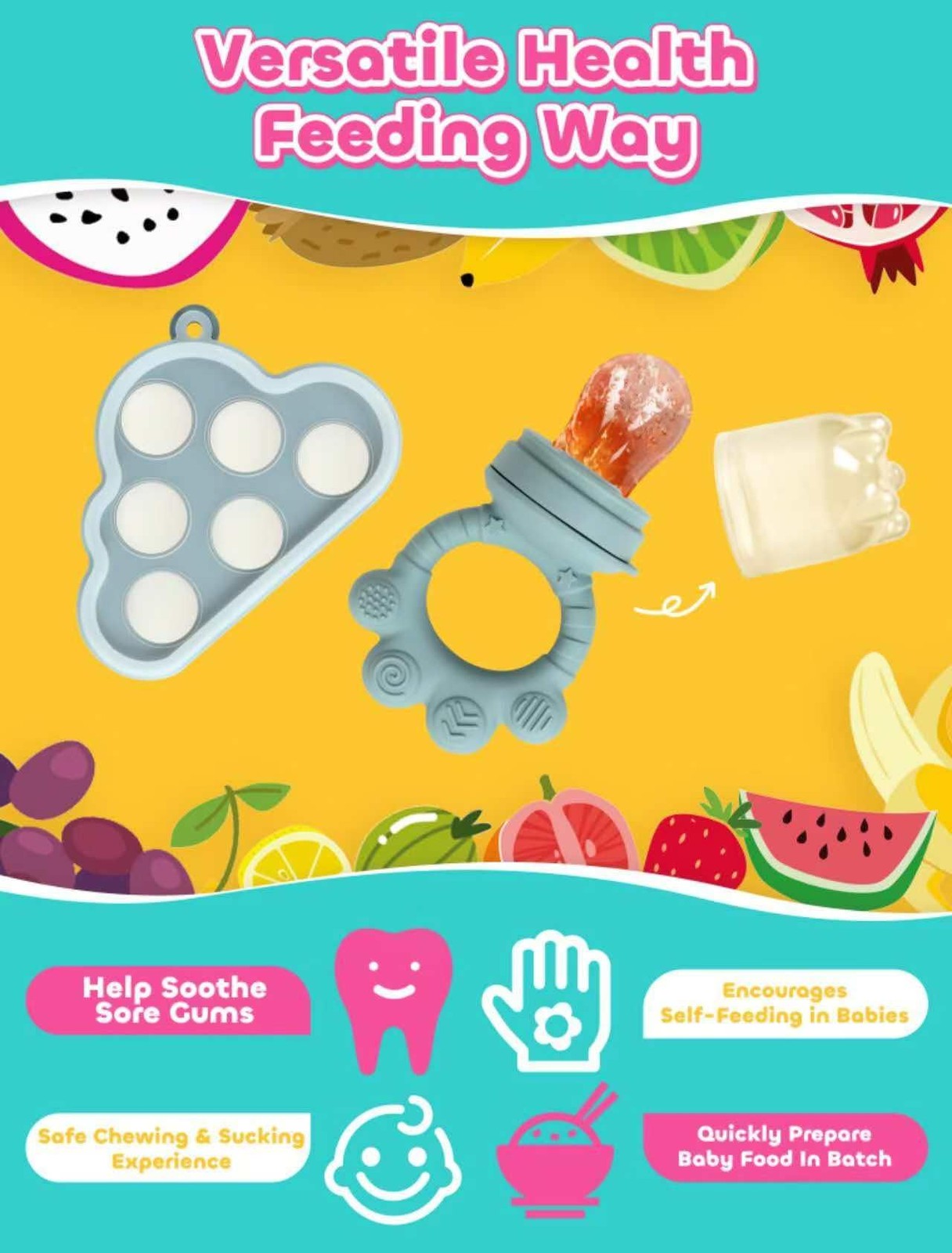 4in1 Baby Breastmilk Popsicle Molds & Fruit Feeder, Silicone Teething Pacifie…