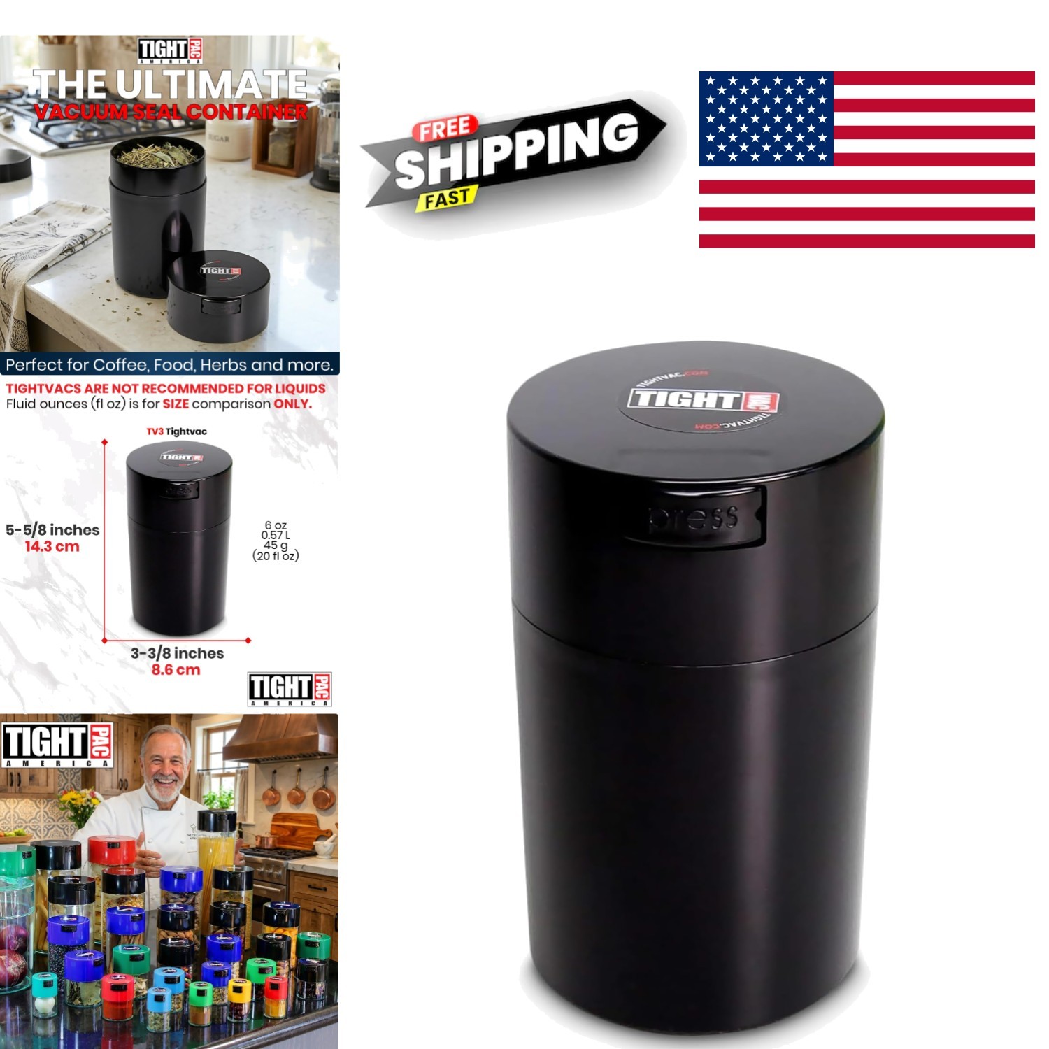 Airtight Storage Container 6 Ounce Black Vacuum Seal for Herbs Coffee Tea
