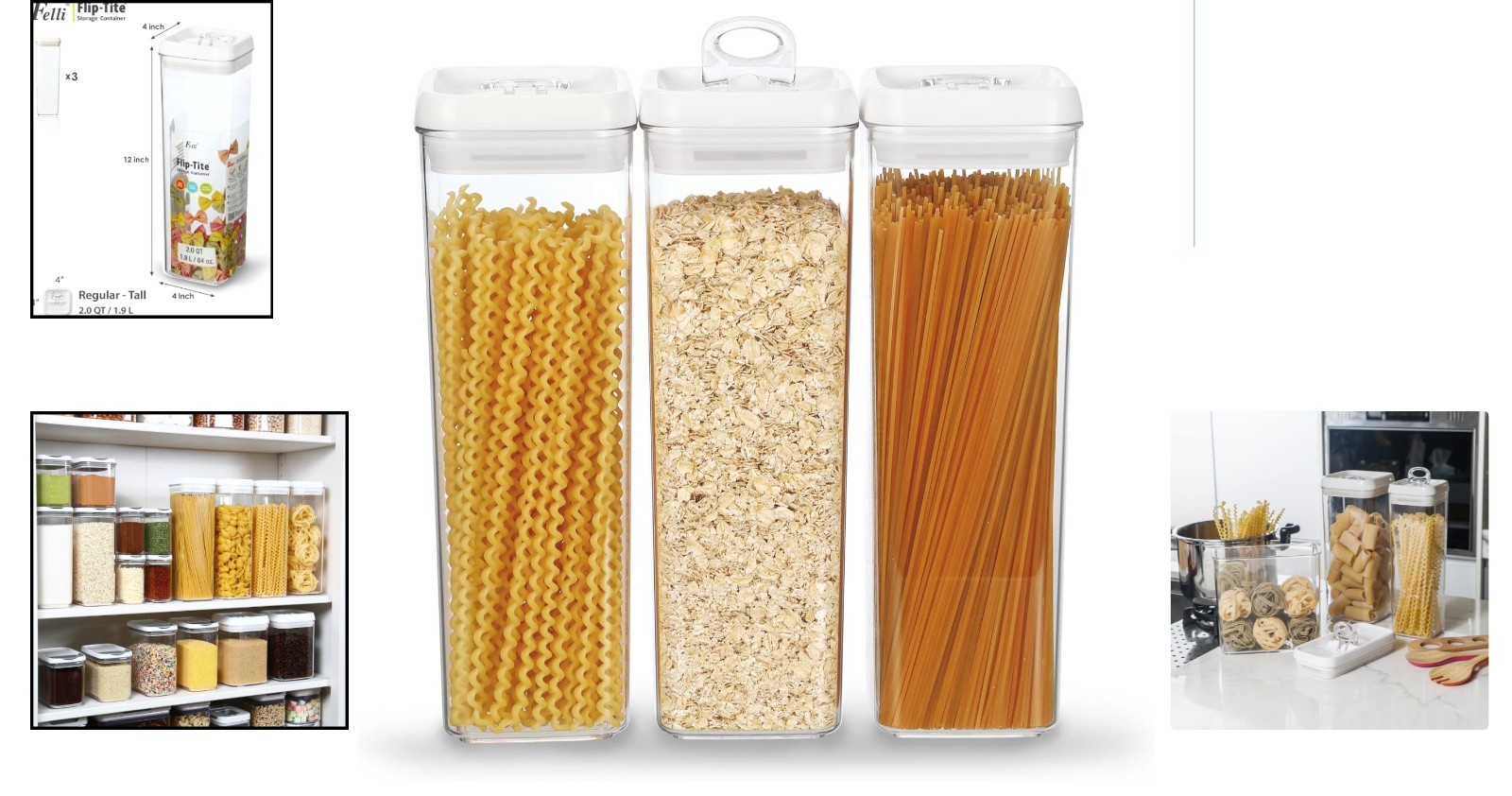 Flip Tite TALL Storage Container with Lid 4″Air Tight Easy Open Ring Top Clear