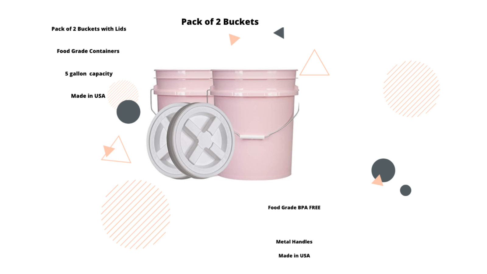 5 Gallon Food Grade BPA Free Pink Buckets with screw on lids (Pack of 2)