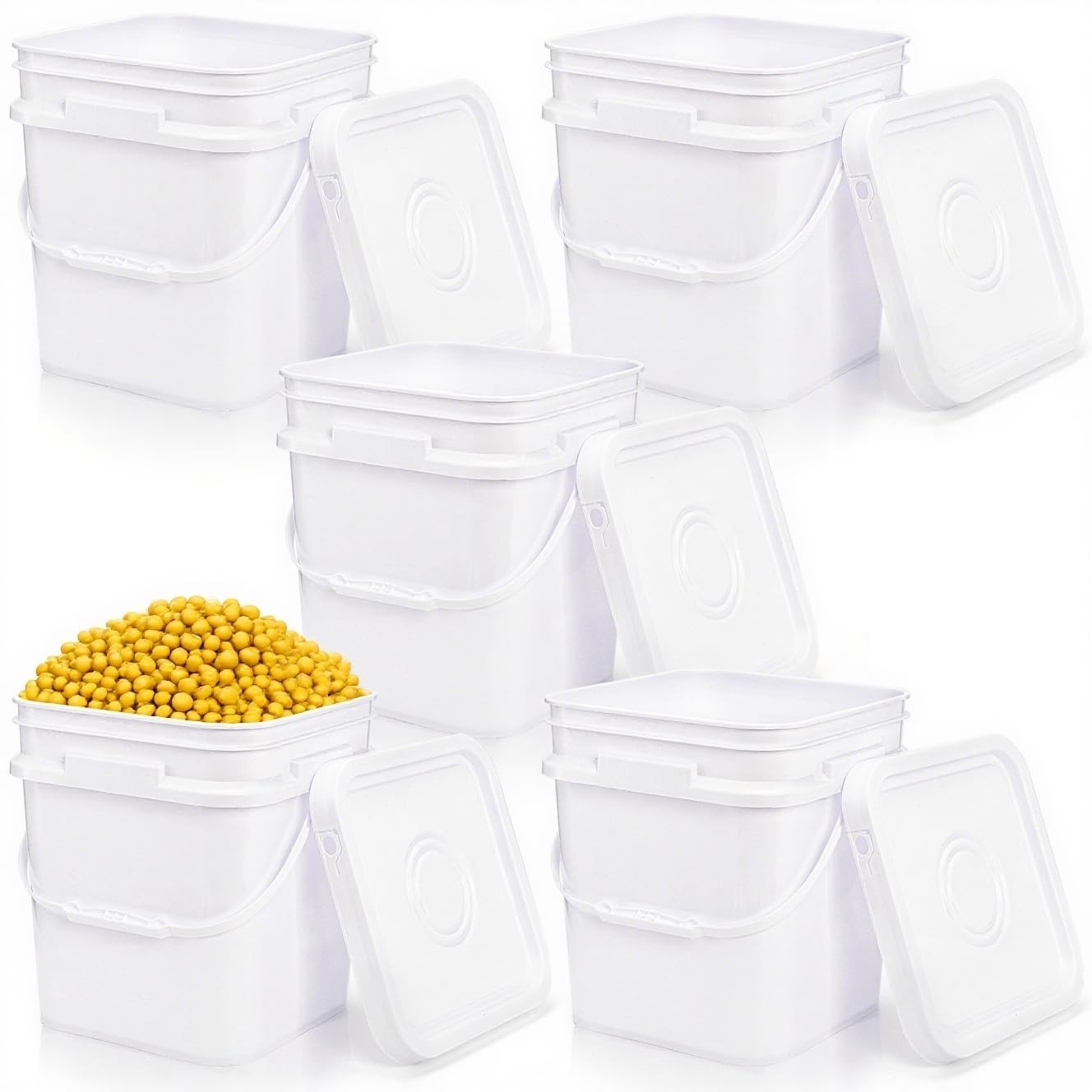 5 Pcs 3.2 Gallon Food Grade Buckets with Lids, Square Plastic Pails for Storage,