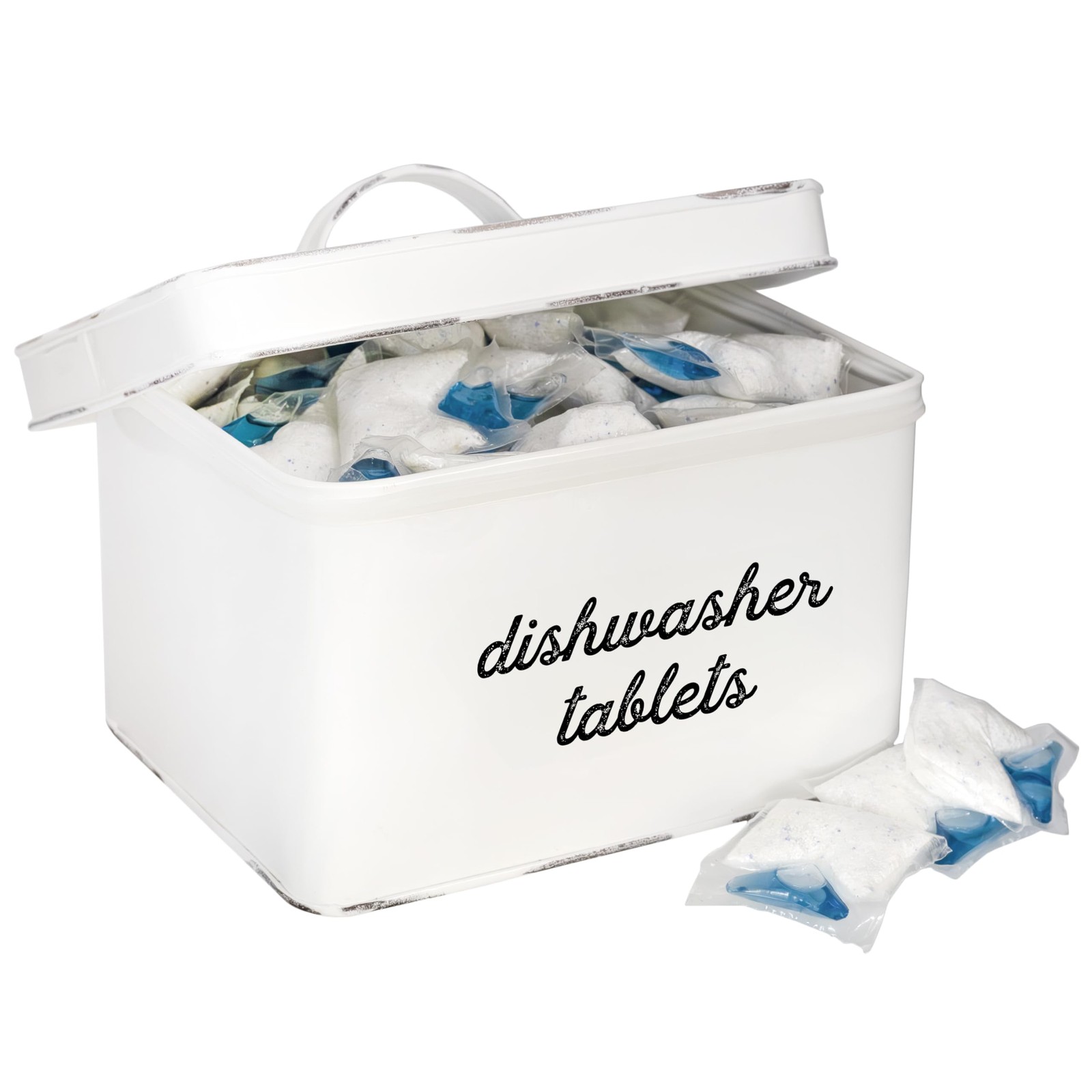 DISHWASHER POD HOLDER Tablet Container Storage Tin with Lid White AULDHOME