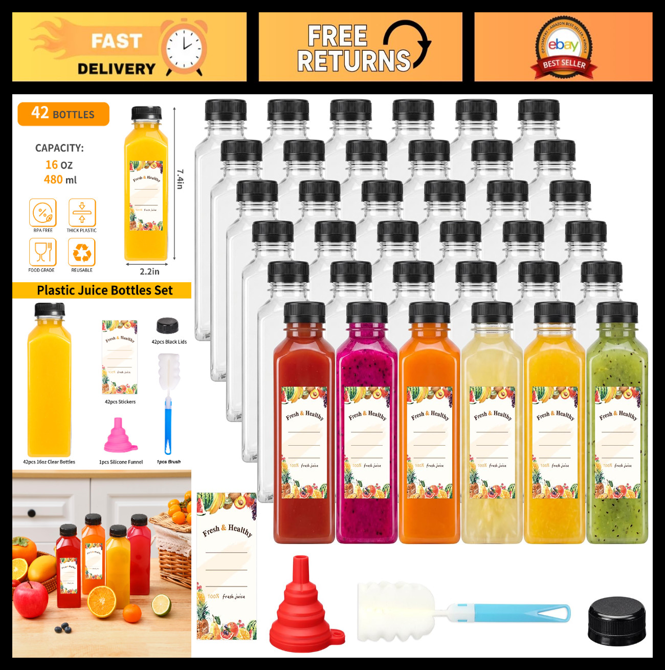 42pcs 16oz Reusable Plastic Juice Bottles with Caps – Clear Smoothie Containers