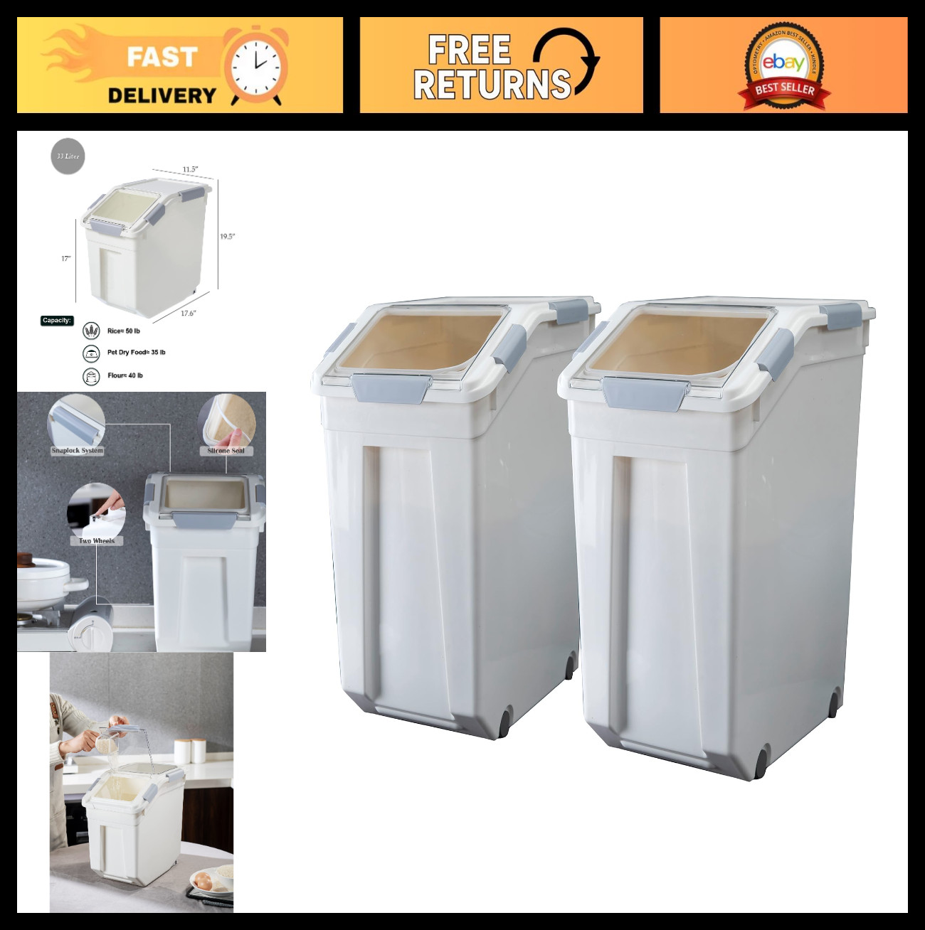 33L Rice Storage Container Set, 50lbs Capacity, BPA-Free, Includes Measuring Cup
