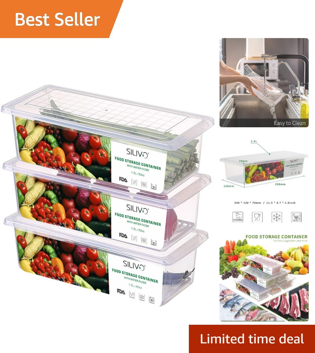 1.5L BPA-Free Fruit Storage Containers – 3 Pack with Drain Tray for Freshness
