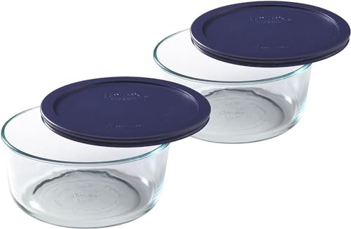 Clear Glass Food Storage Container 7 Cup Round Dish with Blue BPA Free Lid