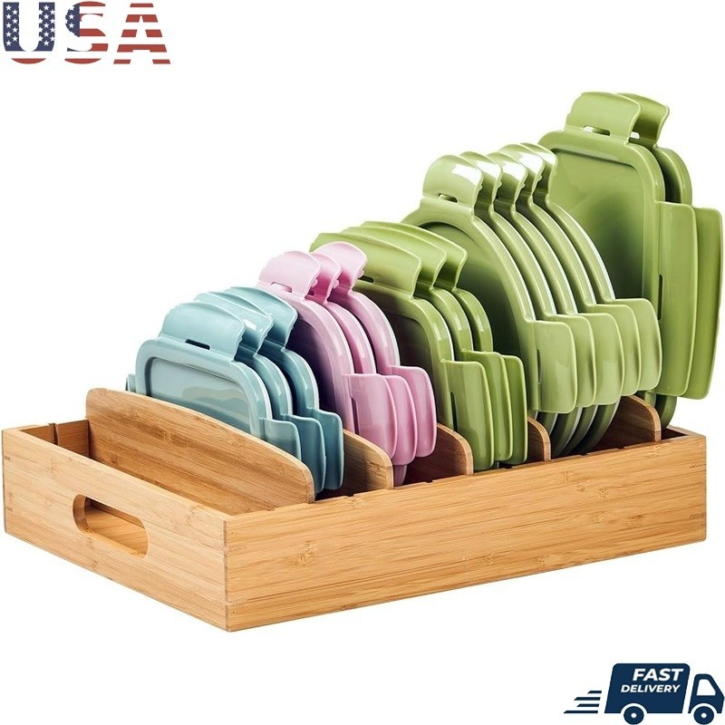 Bamboo Food Container Lid Organizer Adjustable Compartment Storage Tray W/ Grip