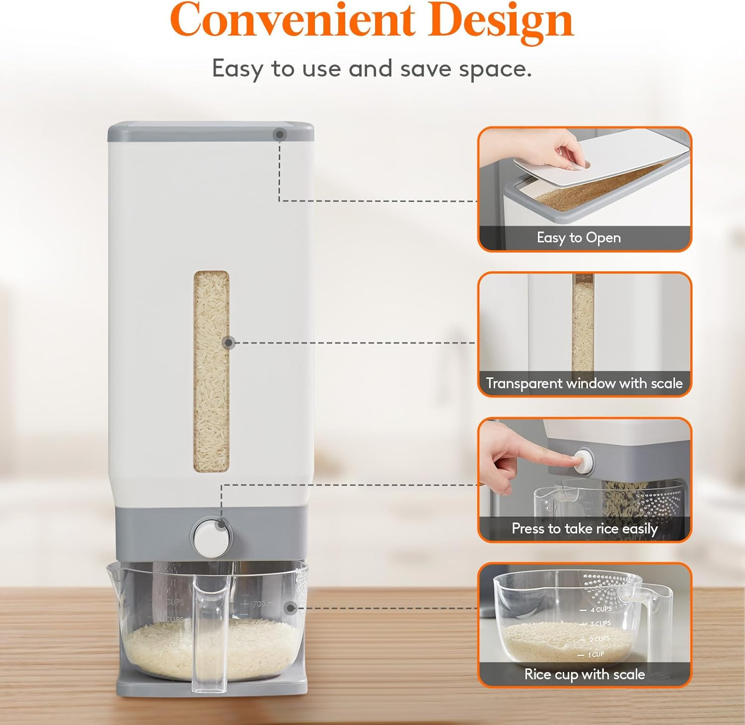 25L Rice Dispenser with Measuring Cup, BPA-Free, Moisture-Proof Storage, Grey