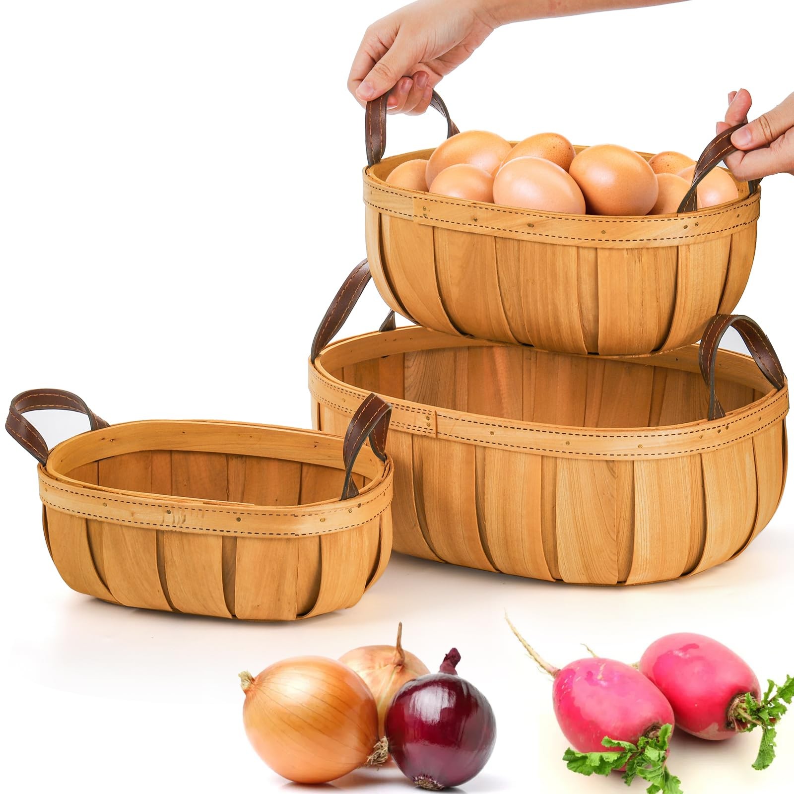 3 Pack Wooden Bread Baskets, Wood Chip Picnic Basket with Handles, Handmade W…