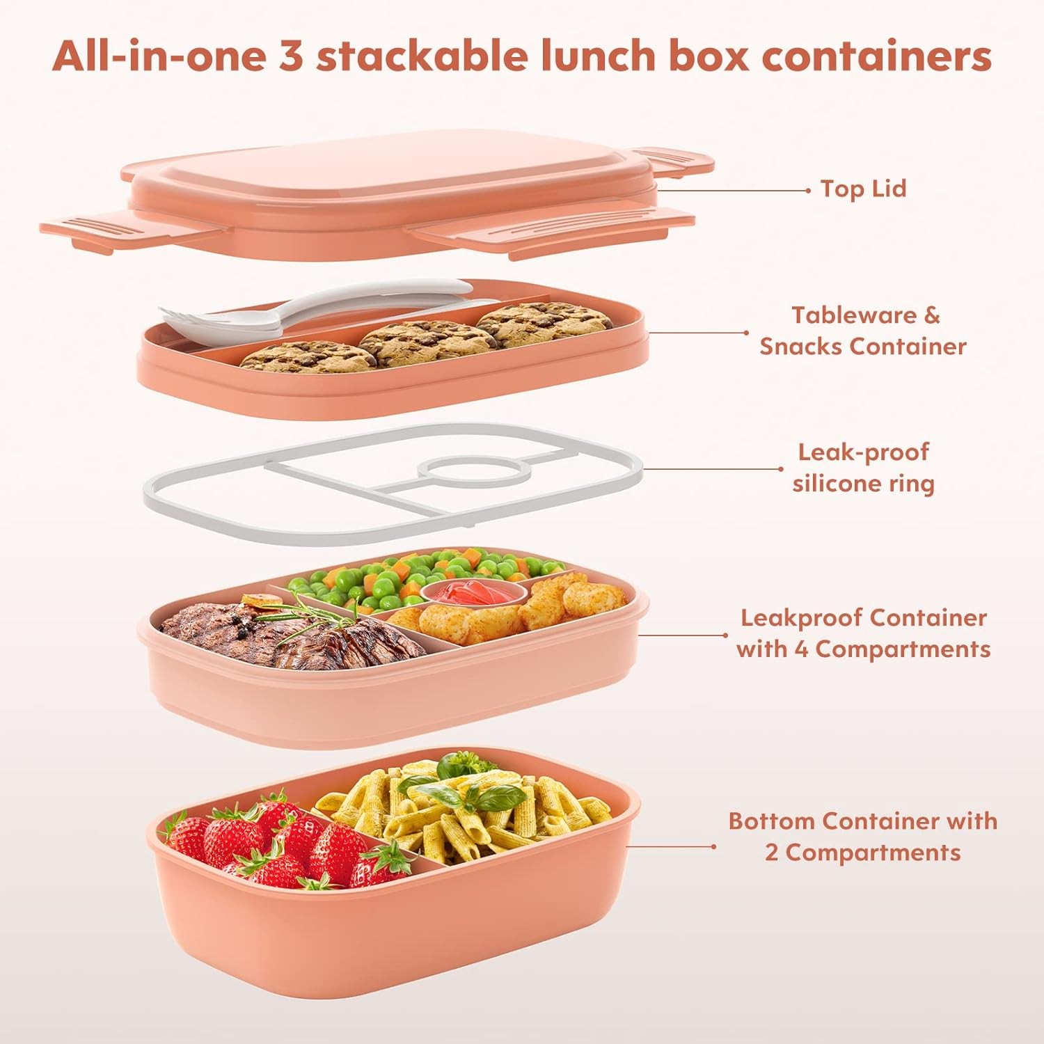 Bento Box Adult Lunch Box,3 Stackable Containers 1900 ml, Pink