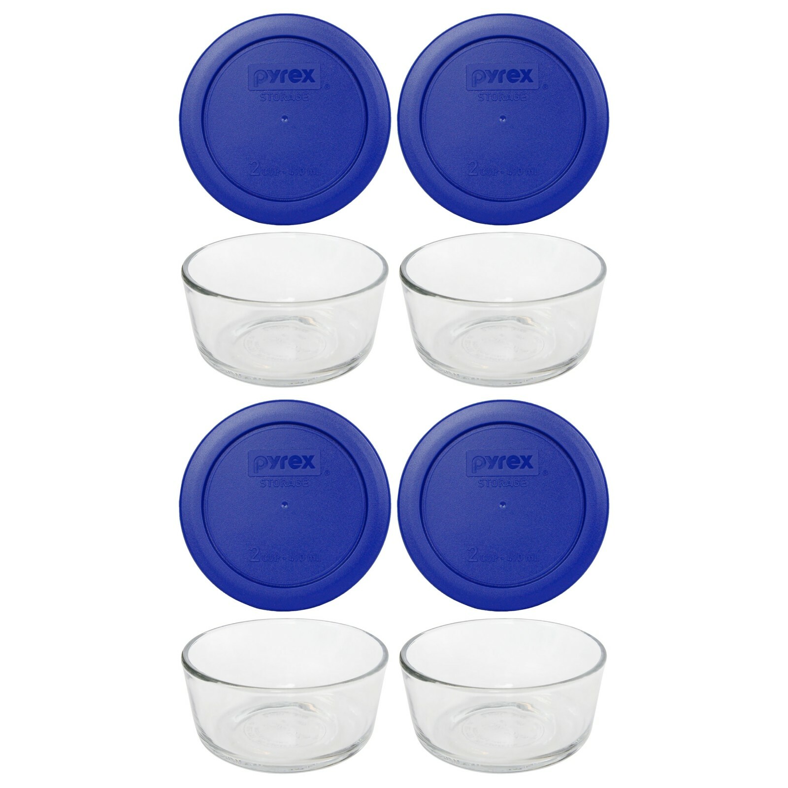 Pyrex 7200 2-Cup Glass Storage Bowl w/ 7200-PC Cadet Blue Plastic Lid (4-Pack)