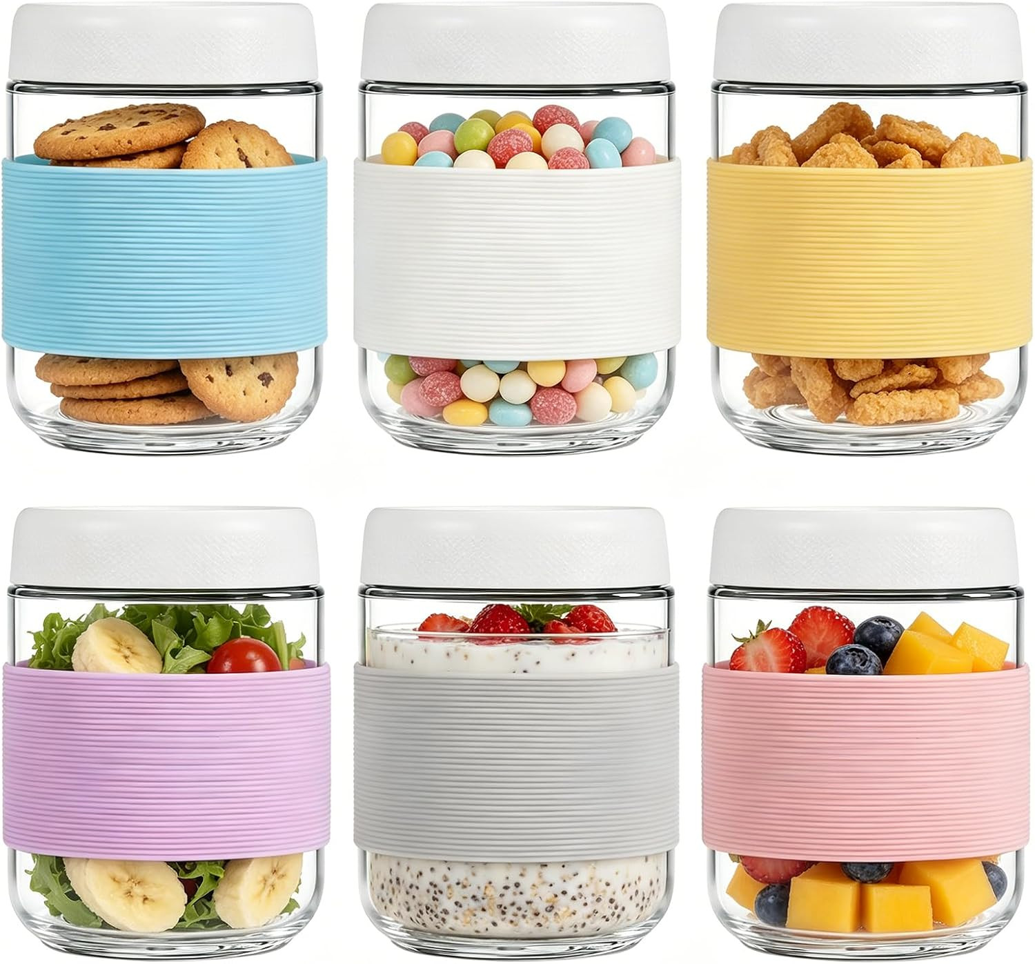 16 Oz (6 Pack) Overnight Oats Containers with Airtight Lids and Silicone Sleeves