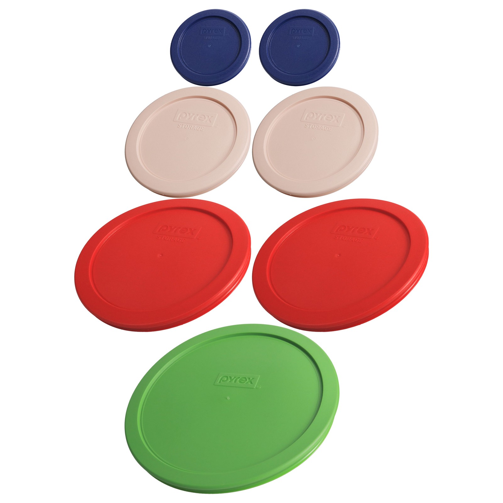 Pyrex Lids: (2) 7202-PC BL, (2) 7200-PC RSW, (2) 7201-PC PR, (1) 7402-PC GN