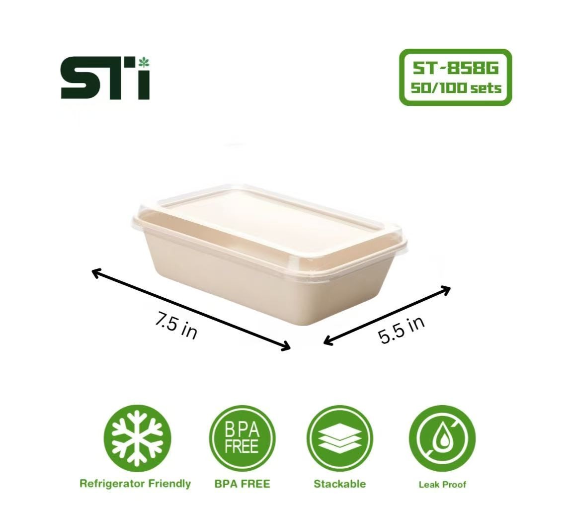 50/100sets ST-858G Sugarcane Fiber Take Out Containers Biodegradable Bento Box