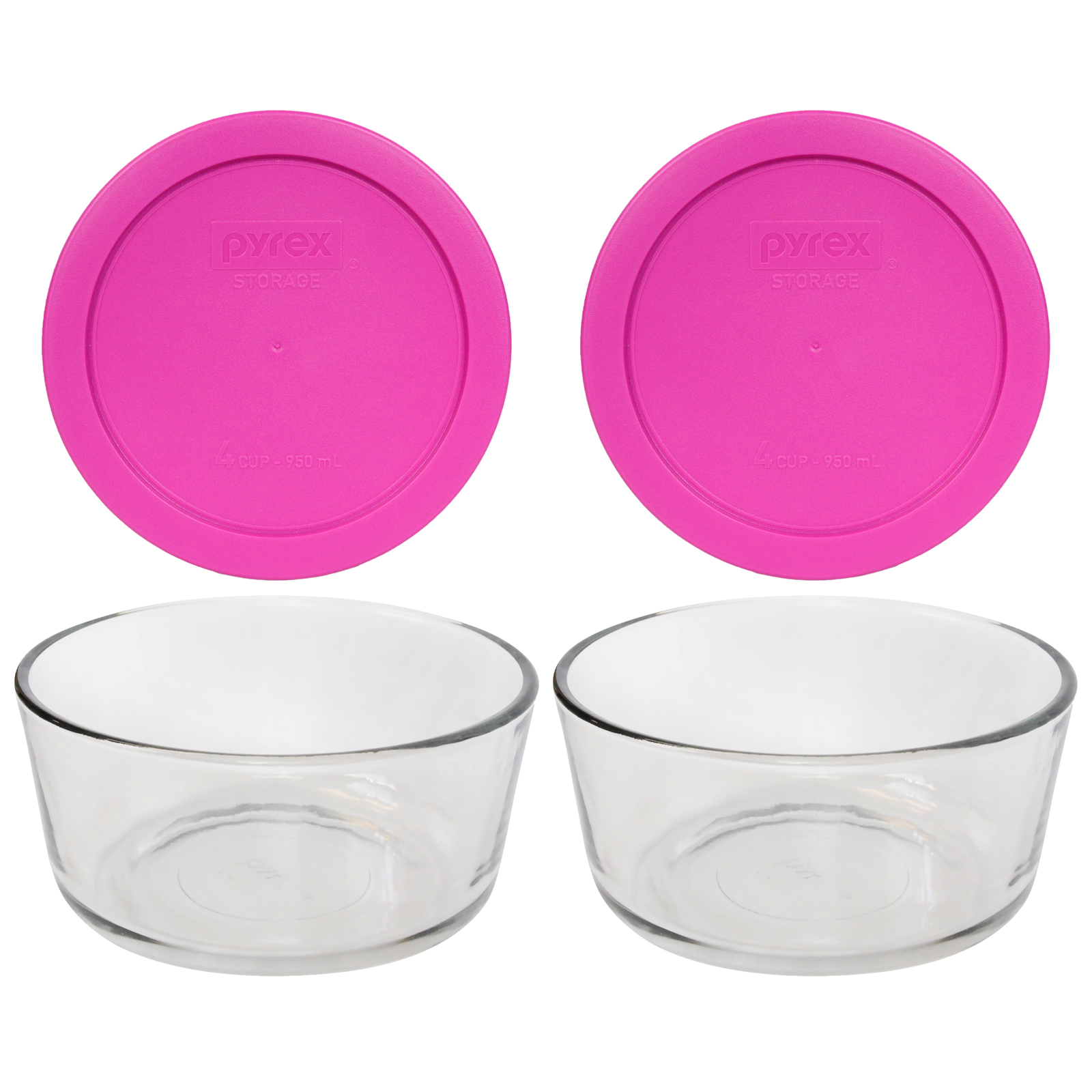 Pyrex (2) 7201 4-Cup Glass Bowls & (2) 7201-PC Berry Pink Lids